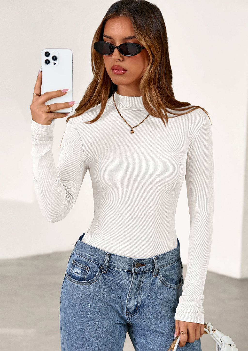 Women's Turtleneck Long Sleeve Shirts Fall Basic Tees Ribbed Fitted Tops Thermal Layering Knit Top Clothes