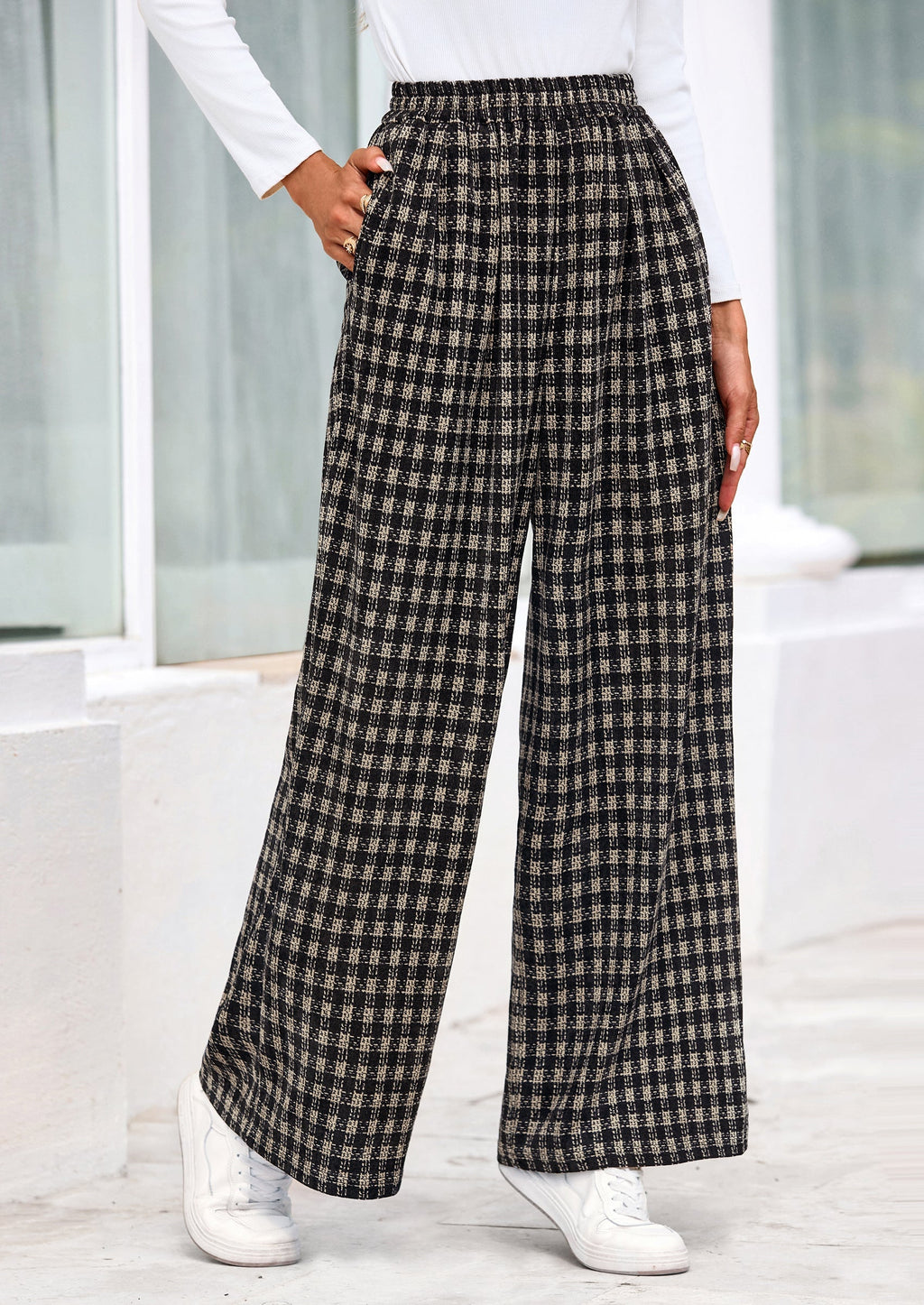 Casual Women's Pants Elastic Waist Palazzo Long Stretchy Wide Leg Trousers Knit Fall Outfits with Pockets