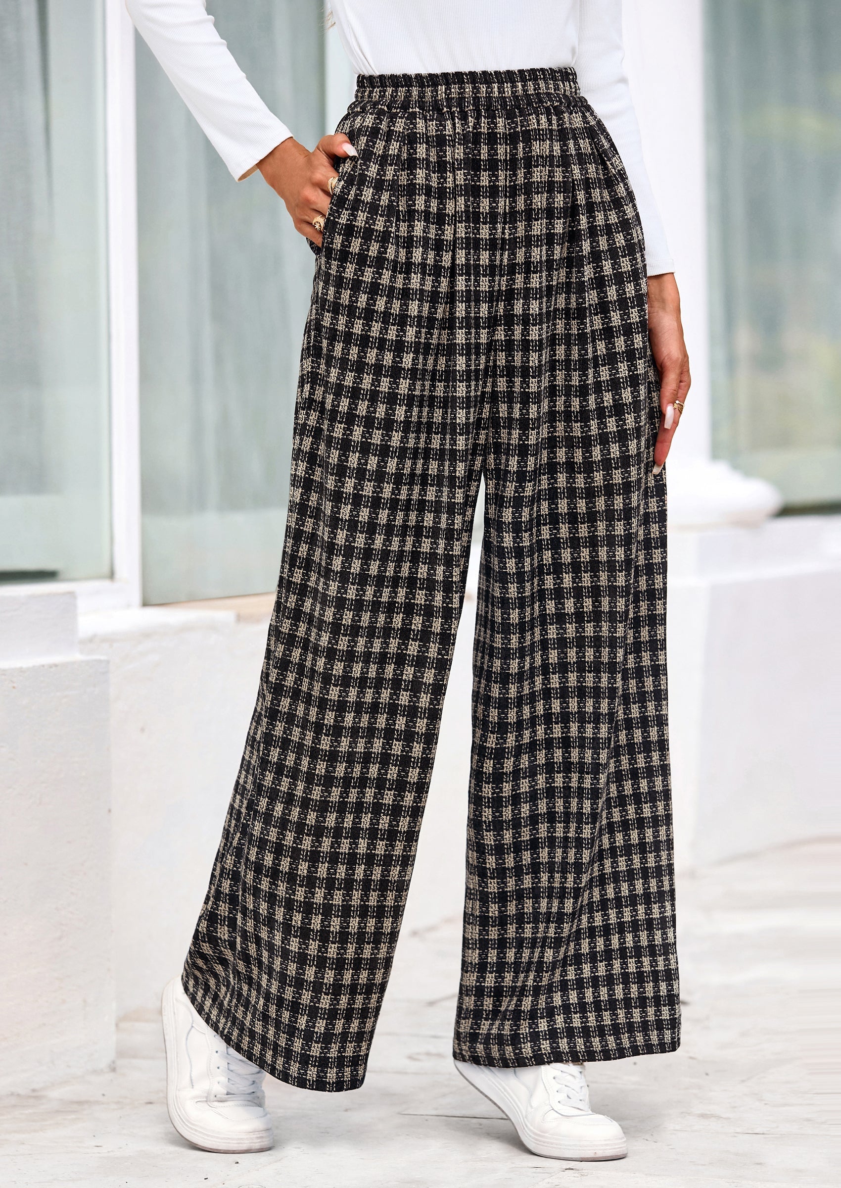 Casual Women's Pants Elastic Waist Palazzo Long Stretchy Wide Leg Trousers Knit Fall Outfits with Pockets