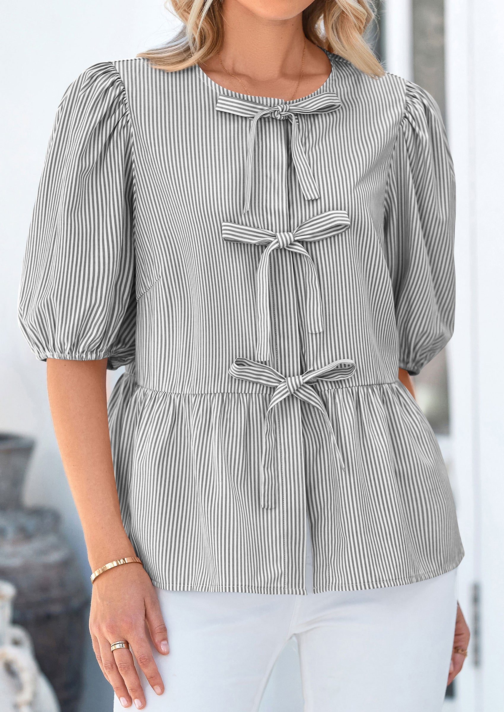 Women's Tie Front Striped Shirt Summer Trendy Fashion Cute Babydoll Tops Peplum Puffy Sleeve Blouse