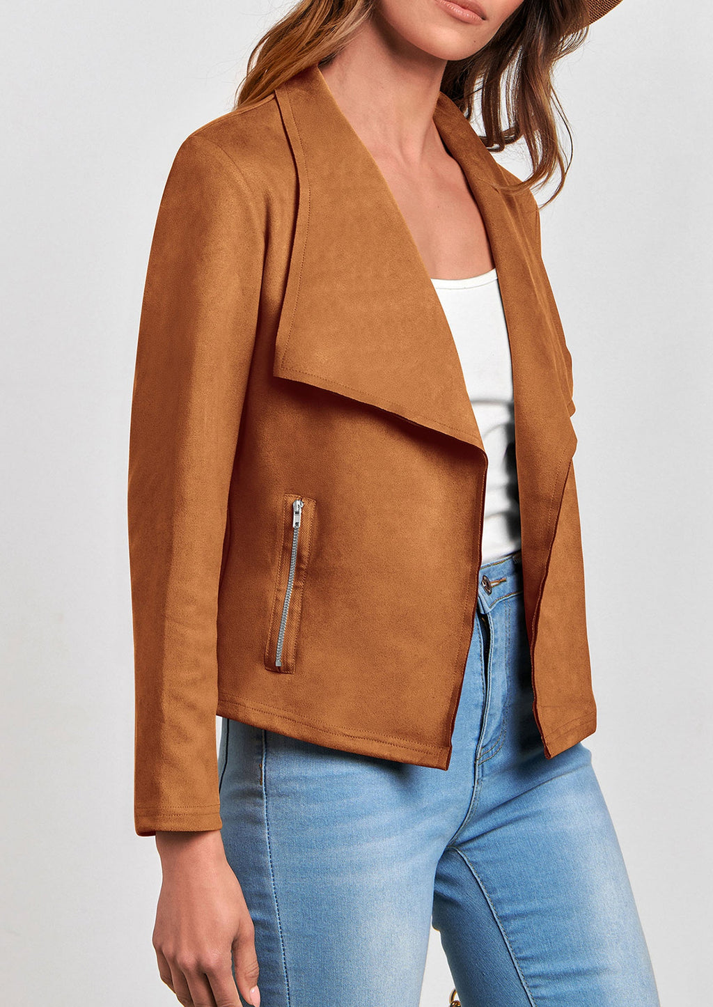 Women's Faux Suede Jackets Fashion Fall Clothes Long Sleeve Open Front Cropped Coat Outwear