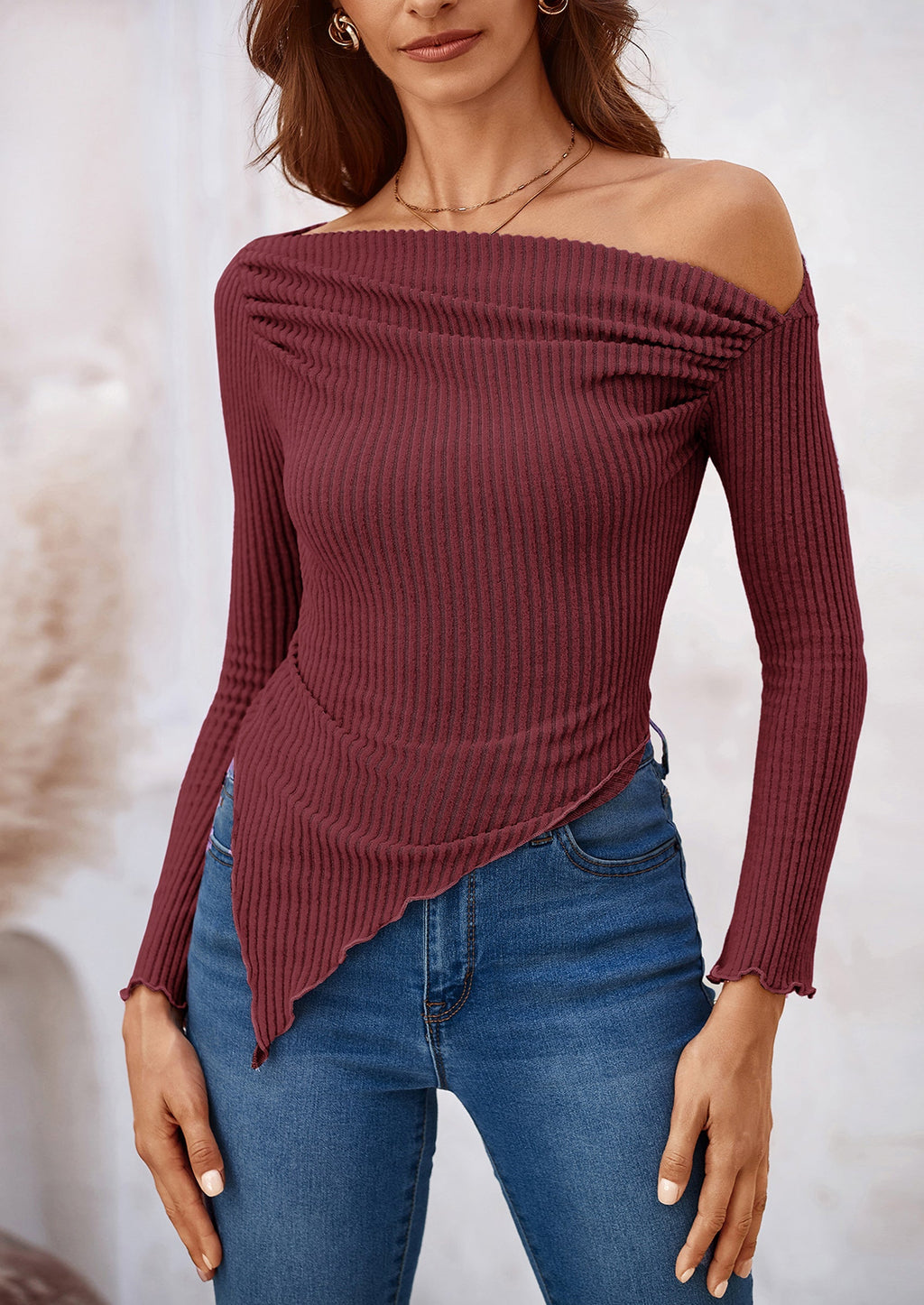 Women's Spring Long Sleeve Y2K Crop Top Trendy Off Shoulder Asymmetrical Fitted Knit Tee Shirts Going Out Tops