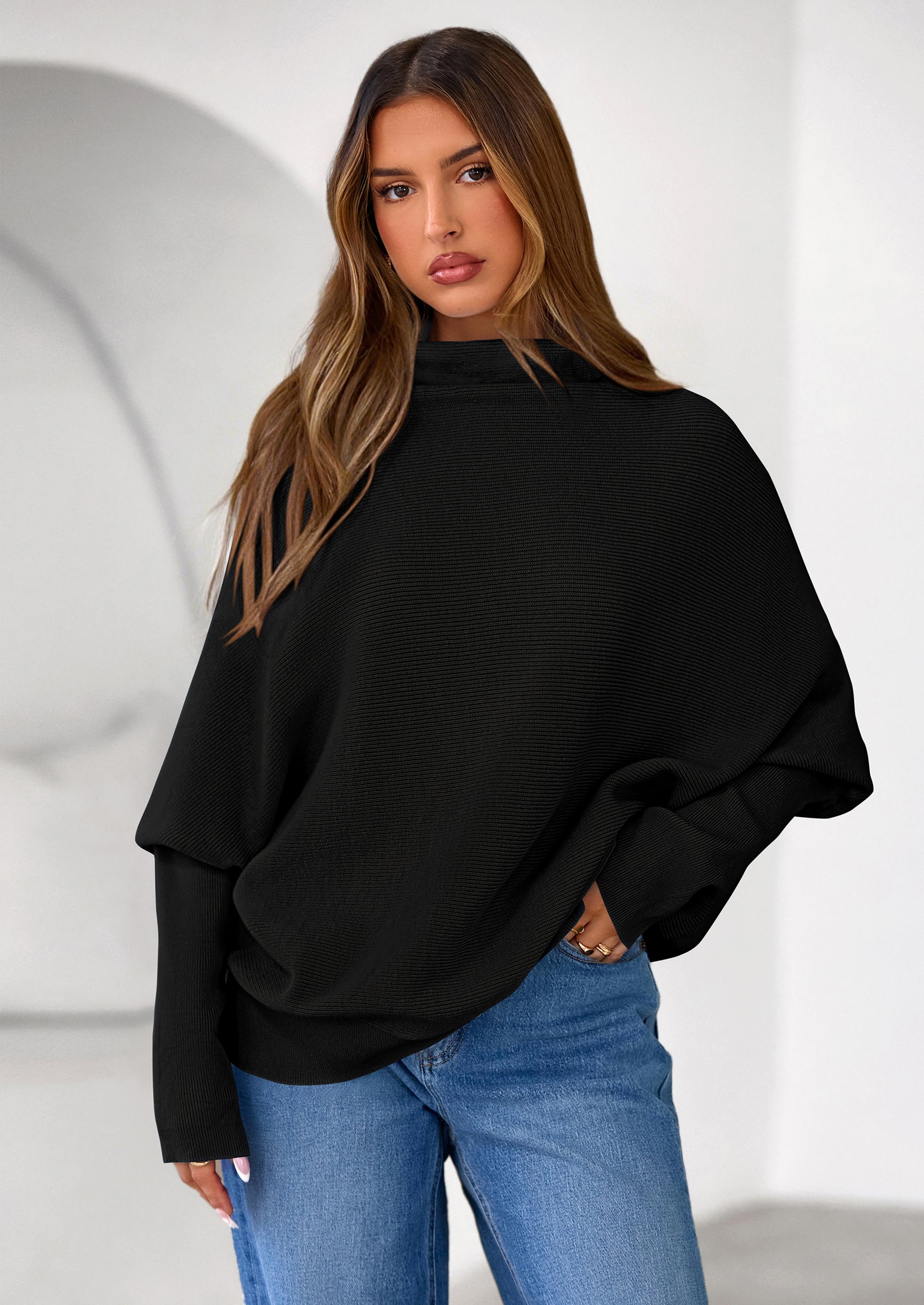 Womens Sweaters Fall Fashion Casual Loose Turtleneck Batwing Long Sleeve Knit Sweater Pullover Tops