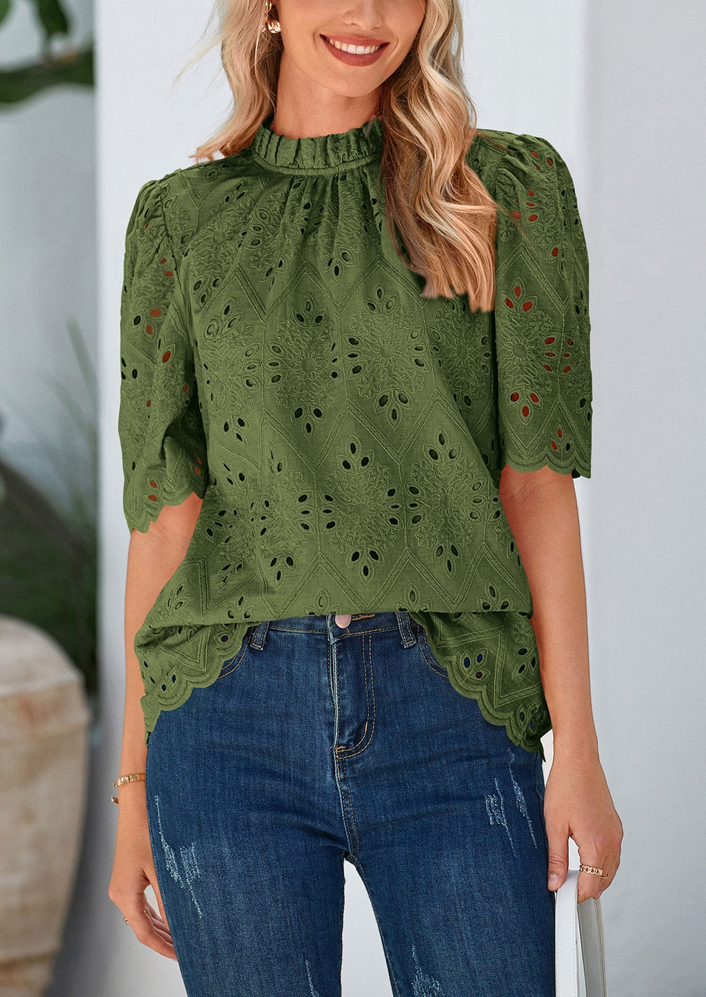 Womens Summer Tops Trendy Short Sleeve Eyelet Embroidered Dressy Casual Blouse Shirts