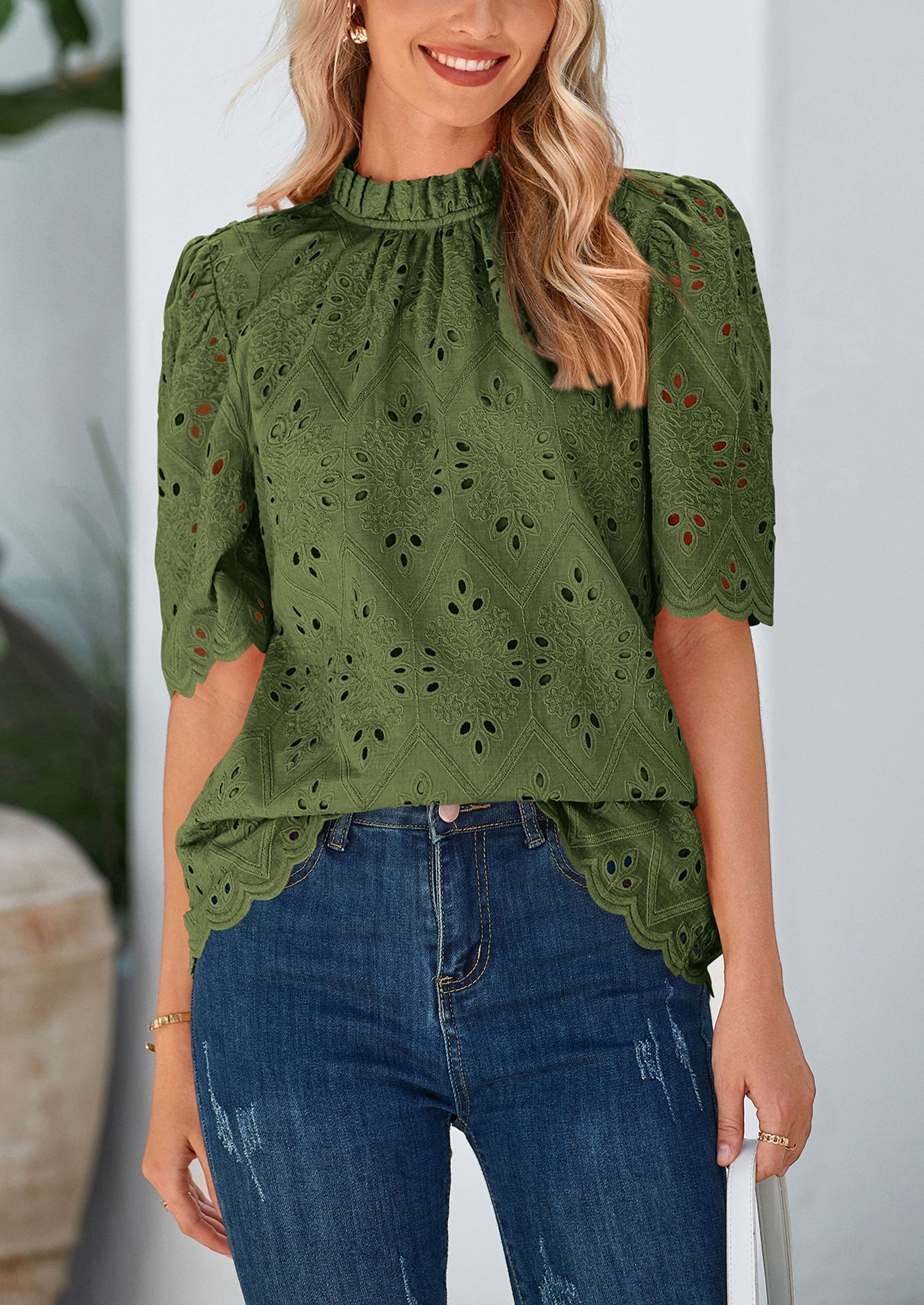 Womens Summer Tops Trendy Short Sleeve Eyelet Embroidered Dressy Casual Blouse Shirts