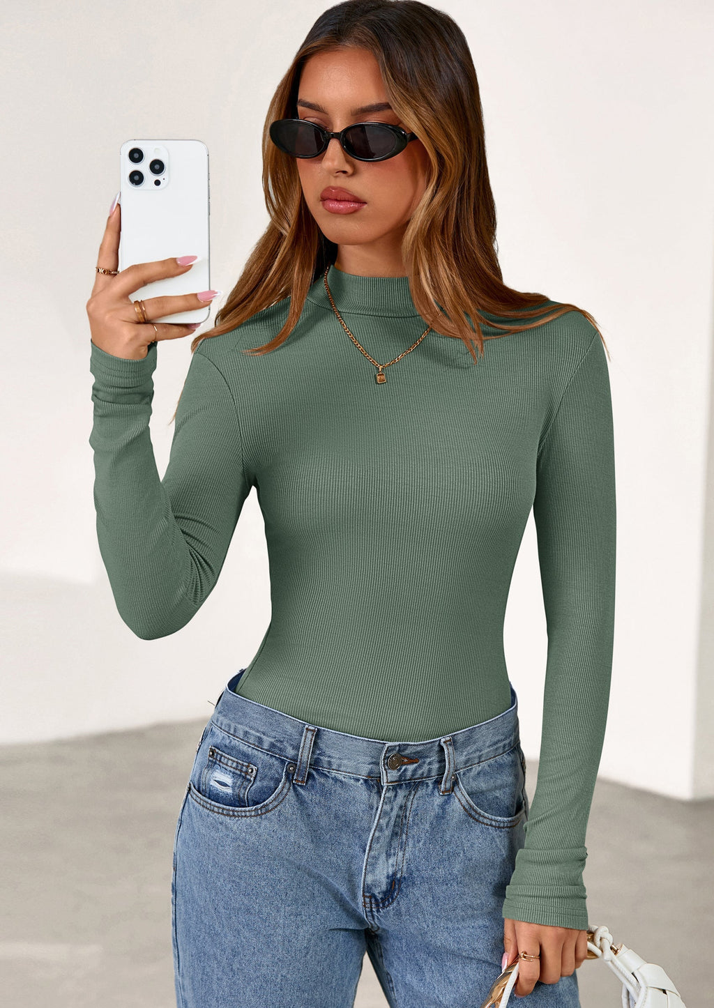 Women's Turtleneck Long Sleeve Shirts Fall Basic Tees Ribbed Fitted Tops Thermal Layering Knit Top Clothes