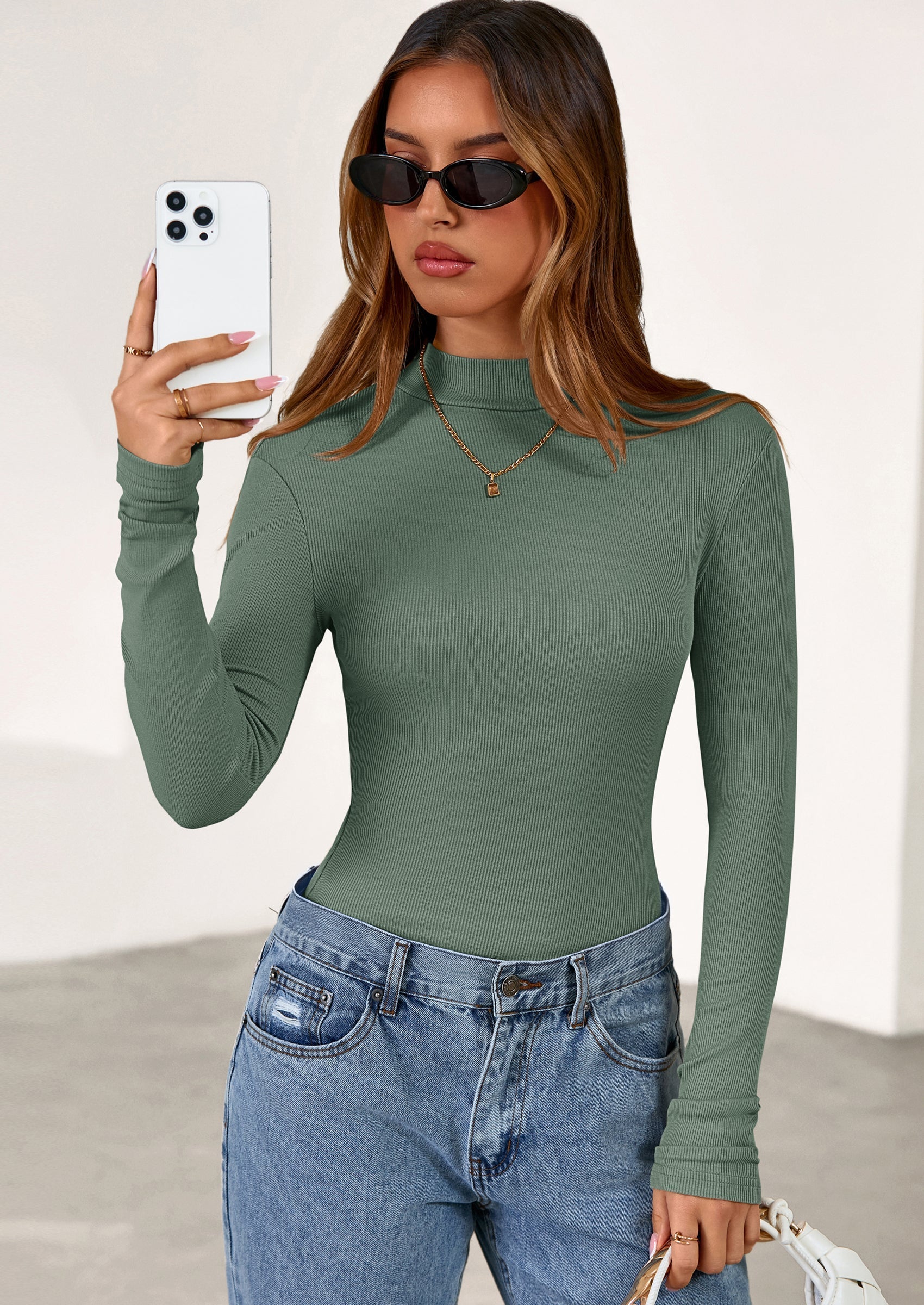 Women's Turtleneck Long Sleeve Shirts Fall Basic Tees Ribbed Fitted Tops Thermal Layering Knit Top Clothes