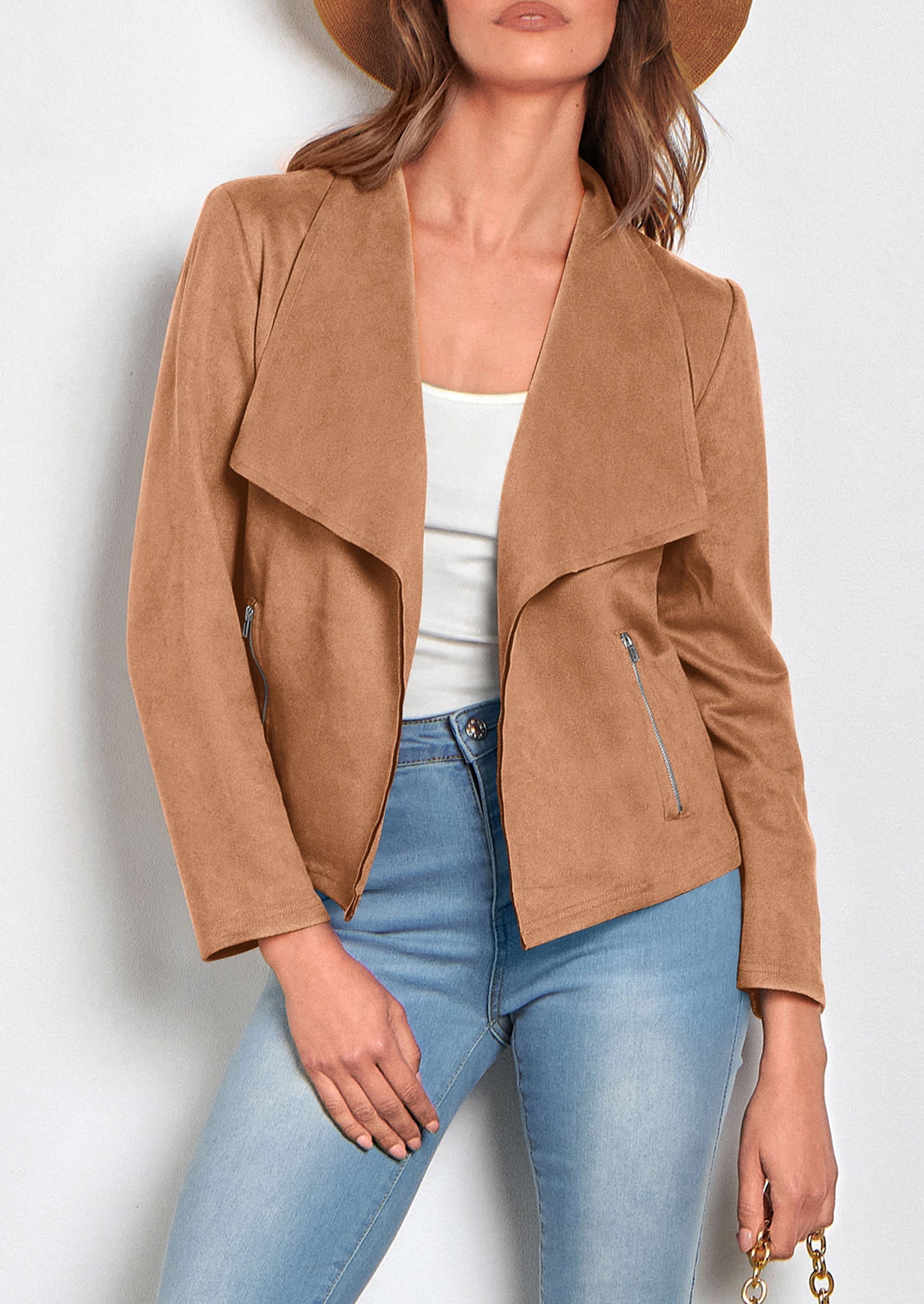 Women's Faux Suede Jackets Fashion Fall Clothes Long Sleeve Open Front Cropped Coat Outwear