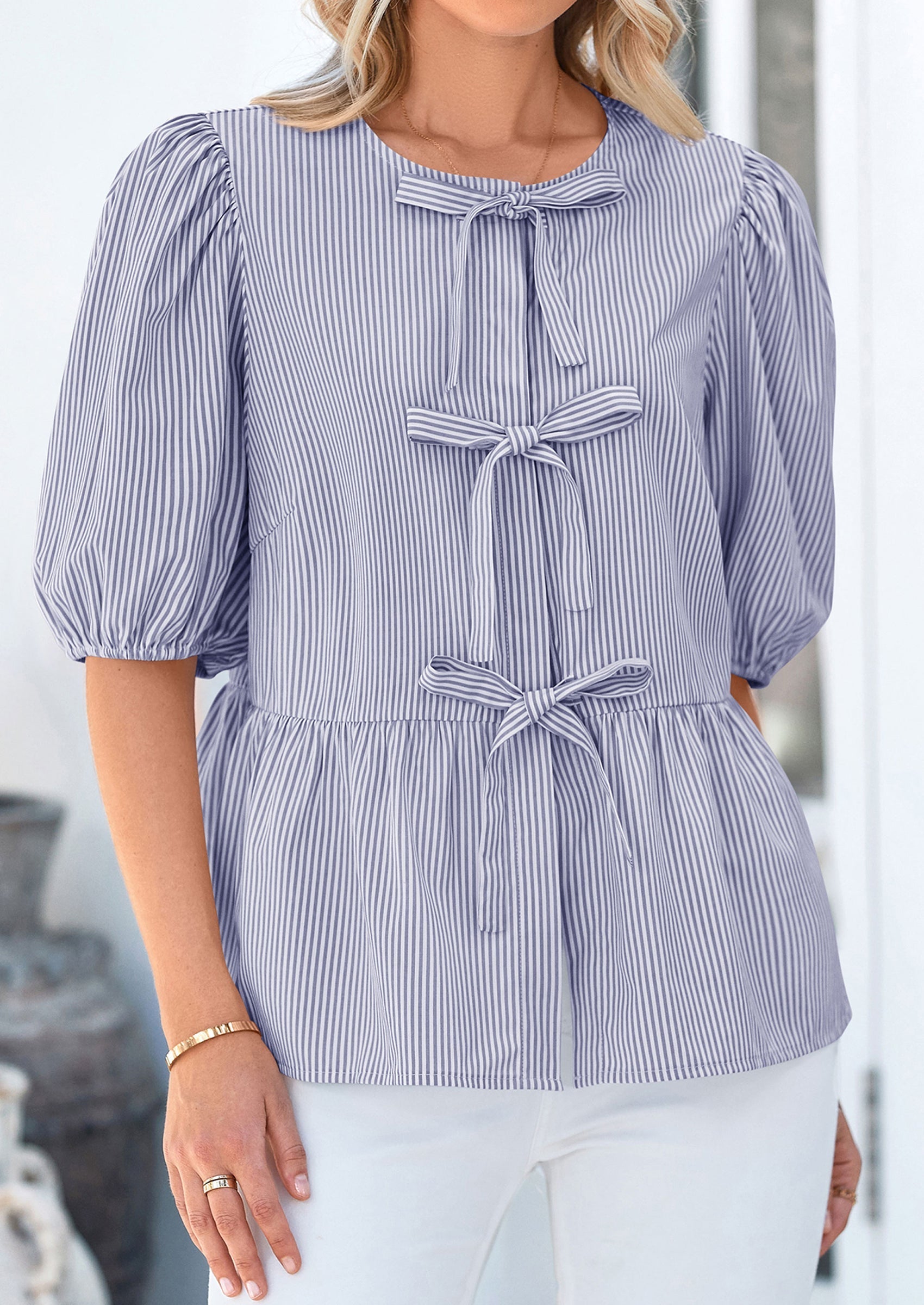 Women's Tie Front Striped Shirt Summer Trendy Fashion Cute Babydoll Tops Peplum Puffy Sleeve Blouse