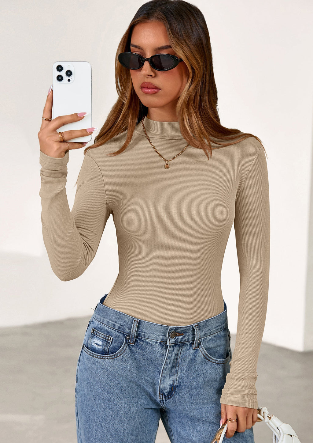 Women's Turtleneck Long Sleeve Shirts Fall Basic Tees Ribbed Fitted Tops Thermal Layering Knit Top Clothes