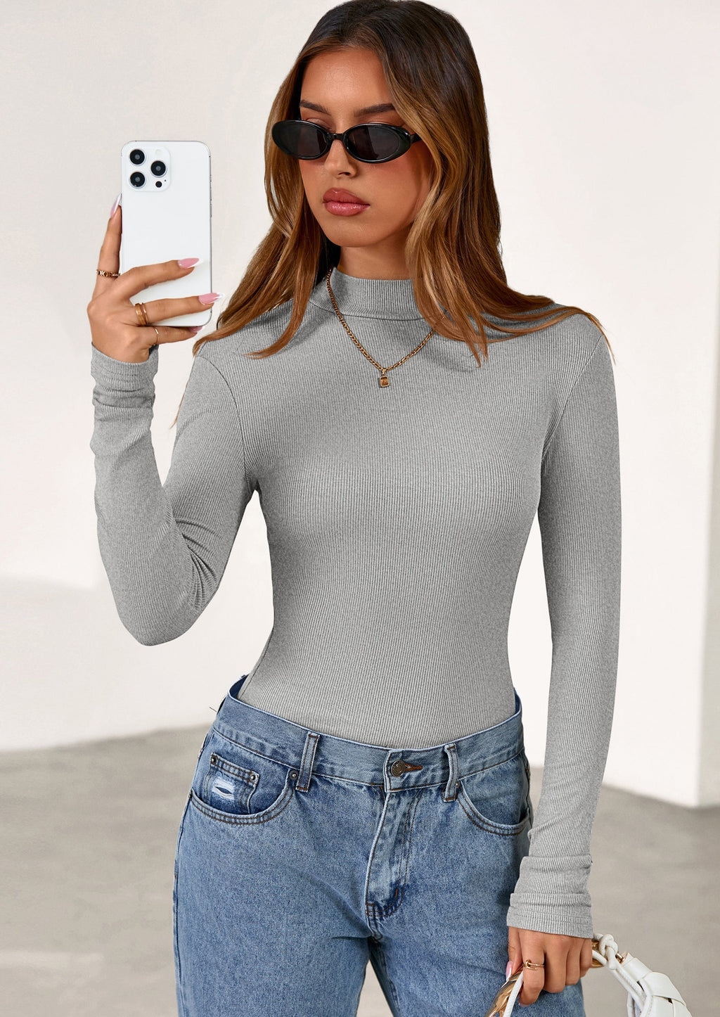 Women's Turtleneck Long Sleeve Shirts Fall Basic Tees Ribbed Fitted Tops Thermal Layering Knit Top Clothes