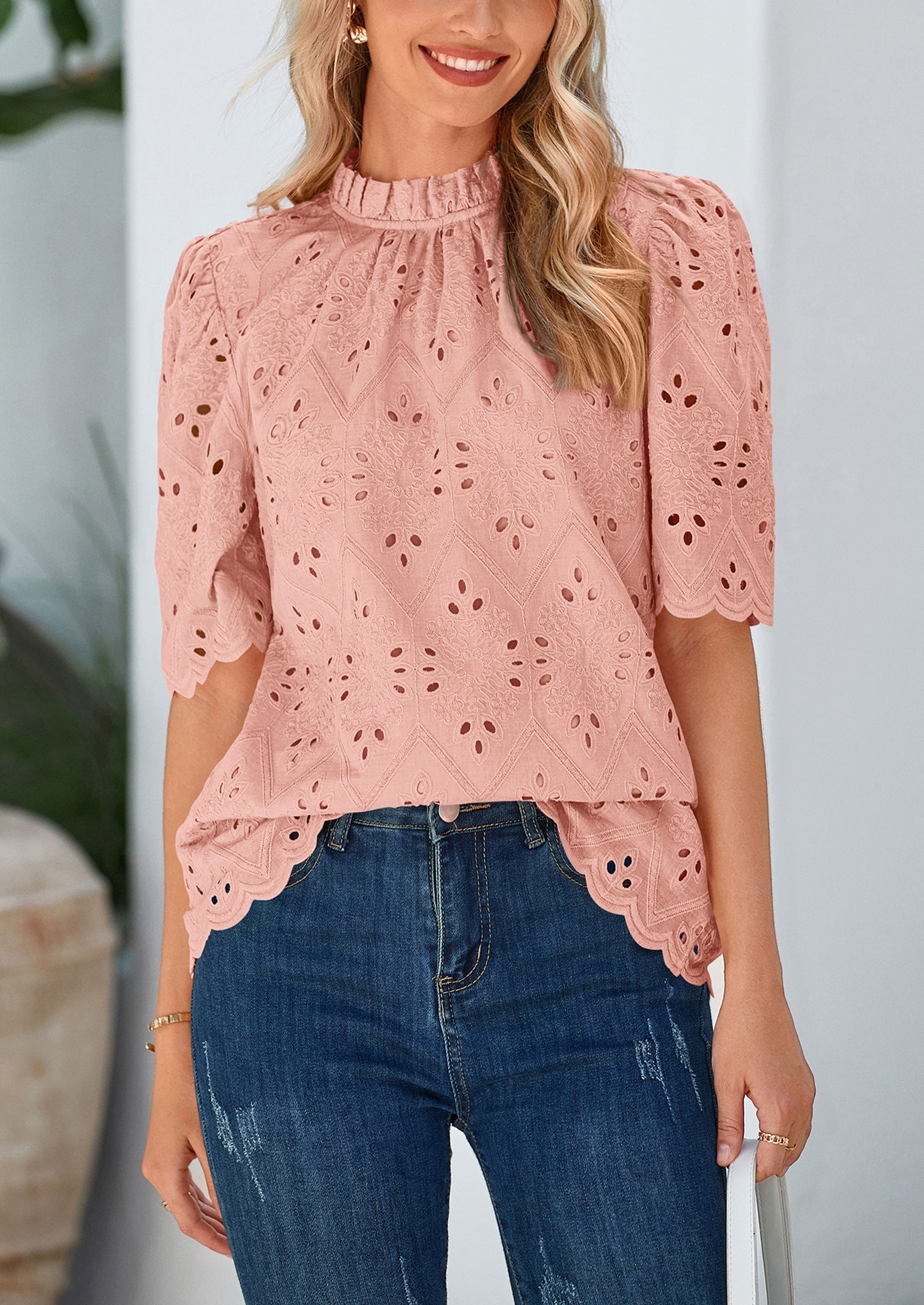 Womens Summer Tops Trendy Short Sleeve Eyelet Embroidered Dressy Casual Blouse Shirts