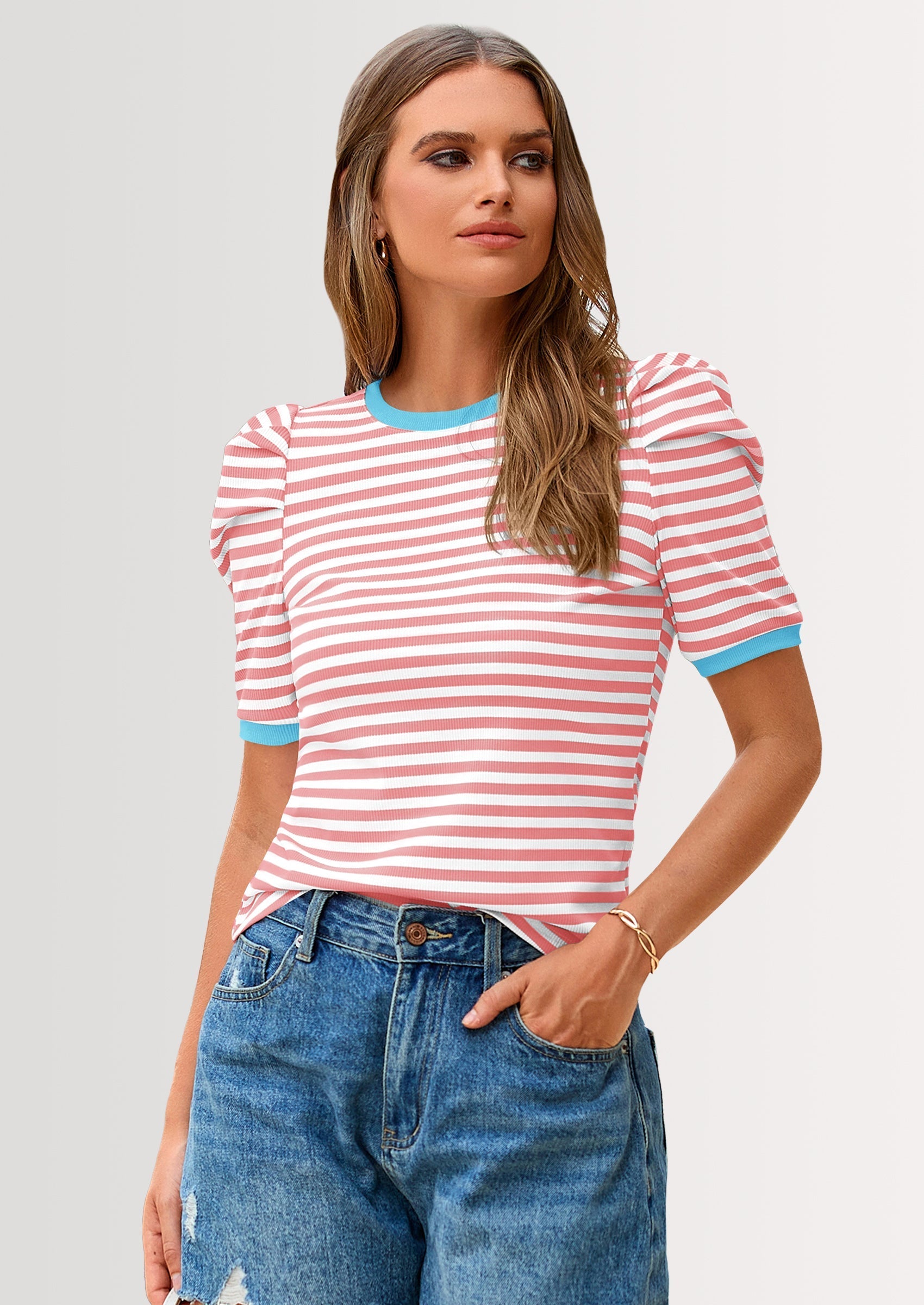 Women's Summer Puff Sleeve Tops Casual Ribbed Knit Crop Top Color Block Trendy Crewneck Striped Shirts