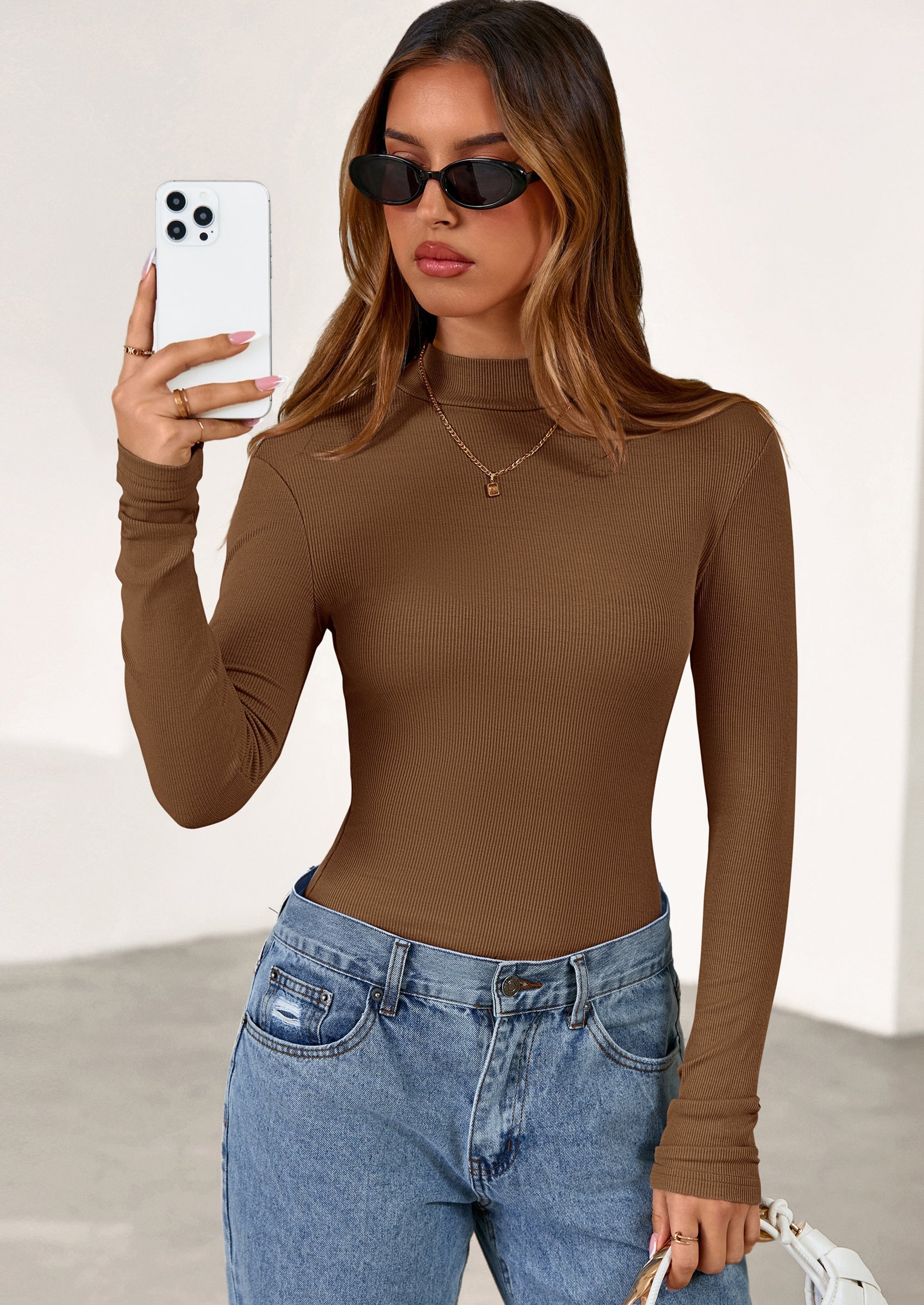 Women's Turtleneck Long Sleeve Shirts Fall Basic Tees Ribbed Fitted Tops Thermal Layering Knit Top Clothes