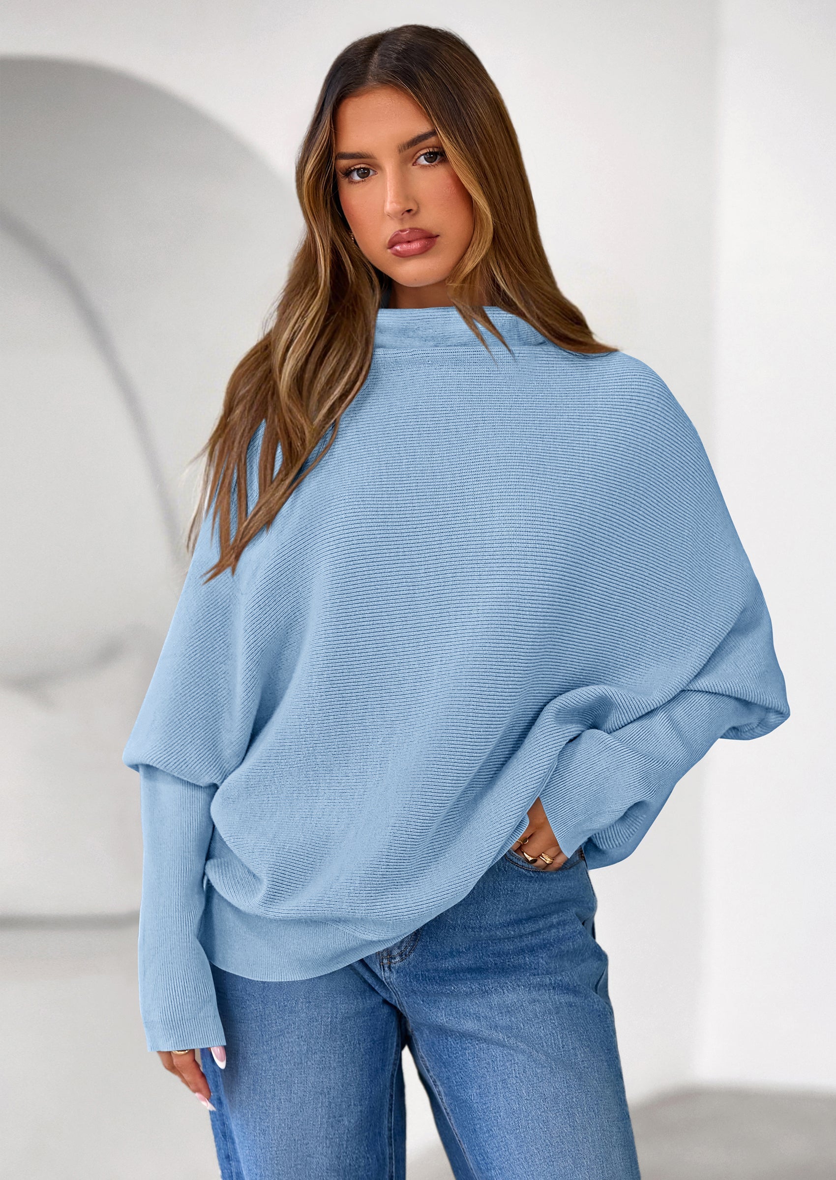 Womens Sweaters Fall Fashion Casual Loose Turtleneck Batwing Long Sleeve Knit Sweater Pullover Tops