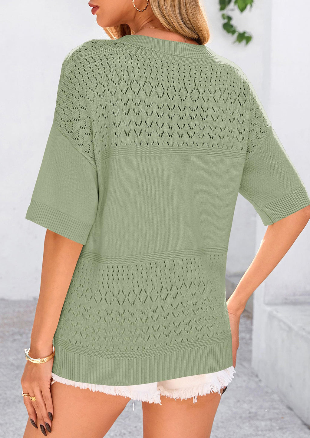 Women's Short Sleeve Sweater Tops Spring Summer Casual V Neck Ribbed Knit Trendy Eyelet Blouse T Shirts