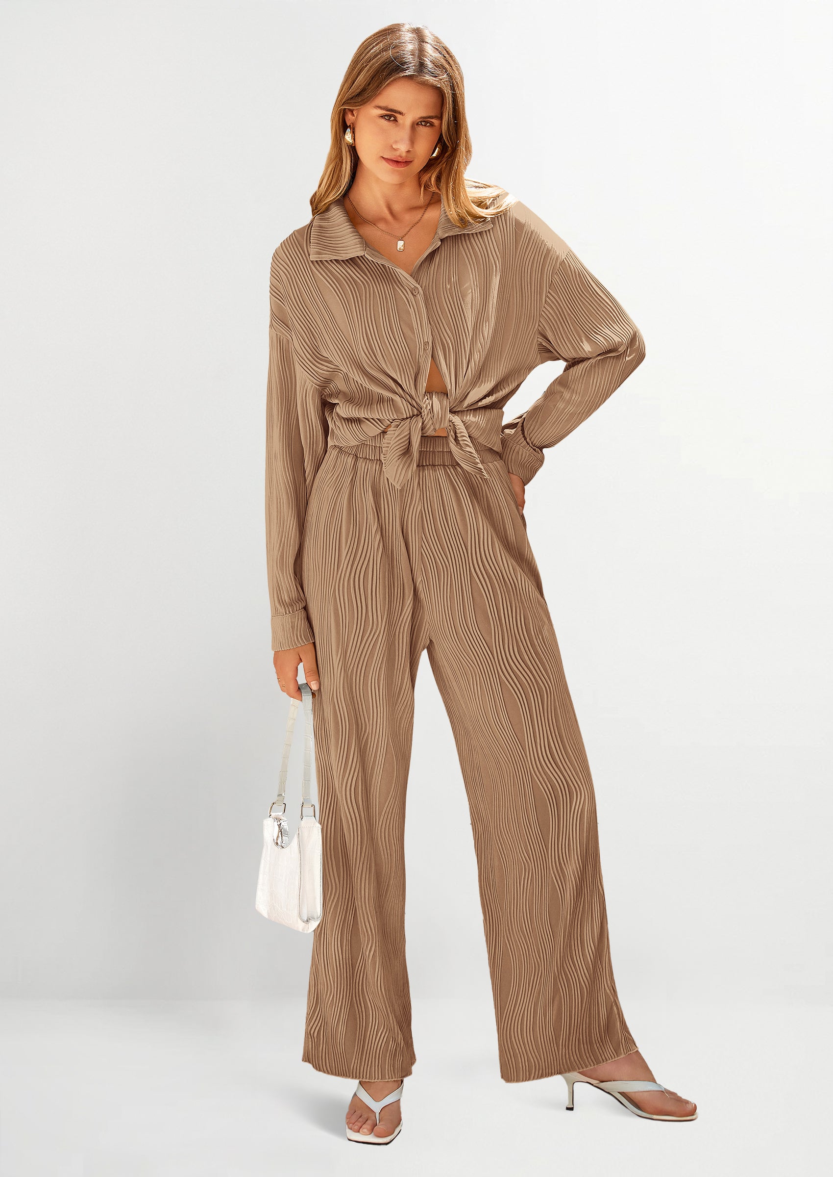 2 Piece Textured Sets Casual Button Down Shirt Wide Leg Pants Outfit Loungewear Tracksuit