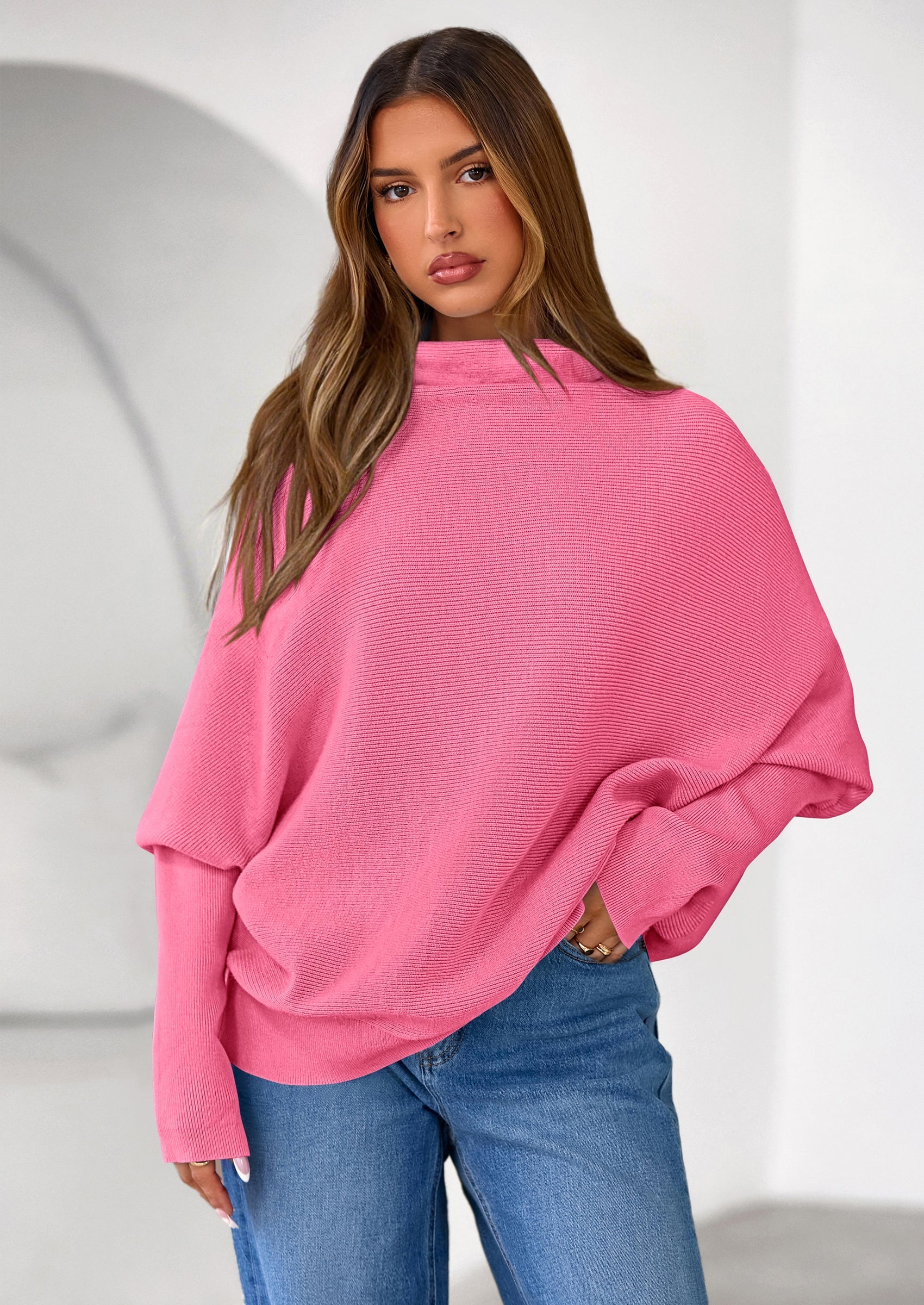 Womens Sweaters Fall Fashion Casual Loose Turtleneck Batwing Long Sleeve Knit Sweater Pullover Tops