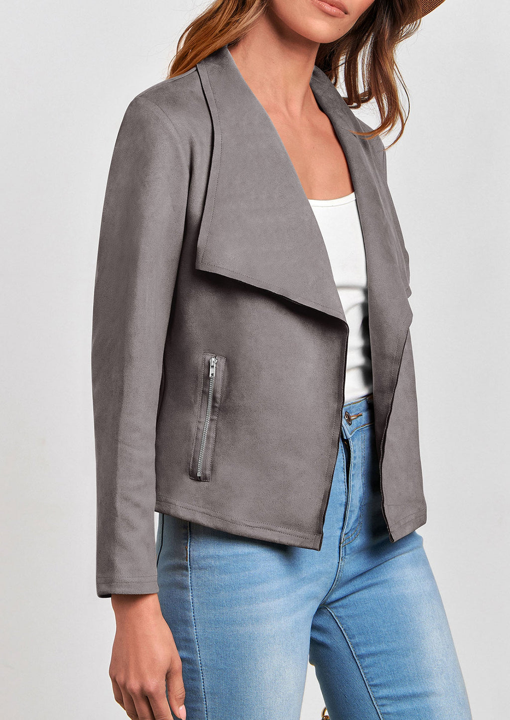 Women's Faux Suede Jackets Fashion Fall Clothes Long Sleeve Open Front Cropped Coat Outwear