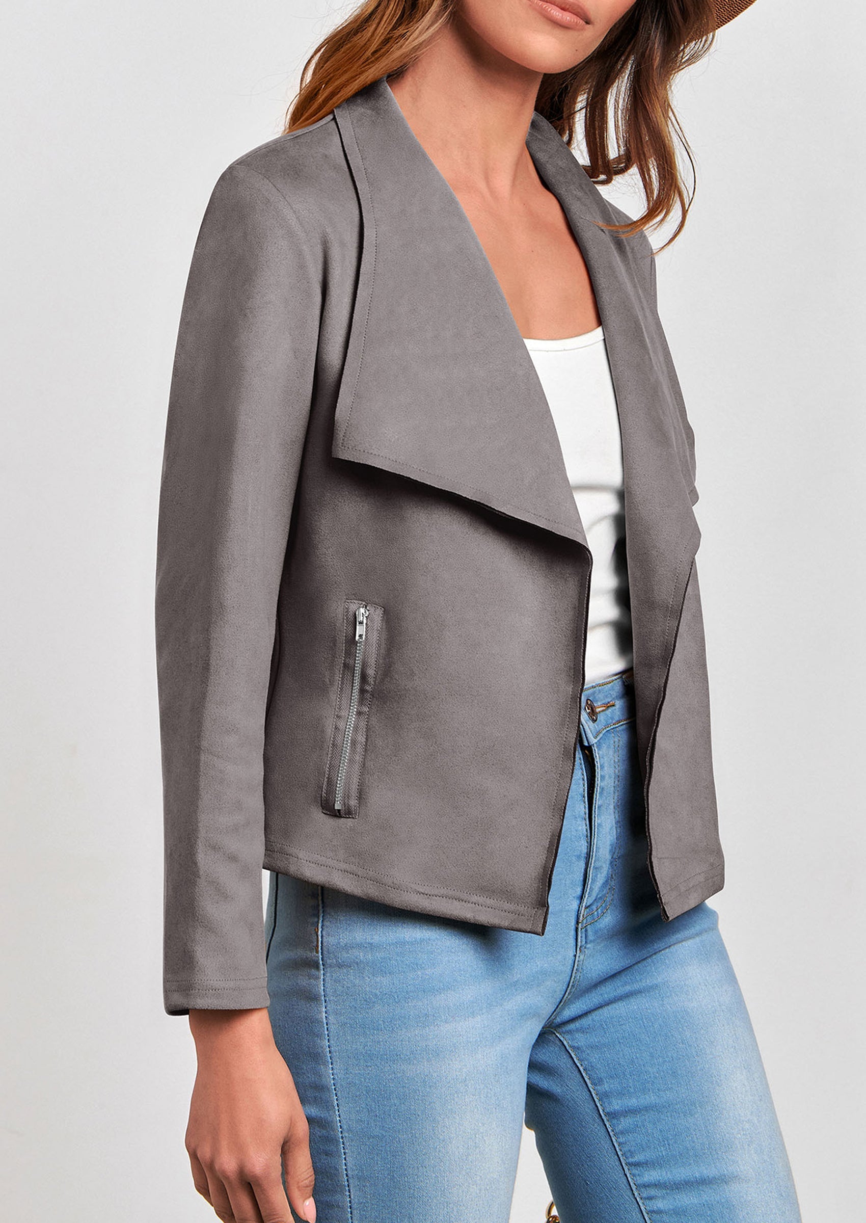 Women's Faux Suede Jackets Fashion Fall Clothes Long Sleeve Open Front Cropped Coat Outwear