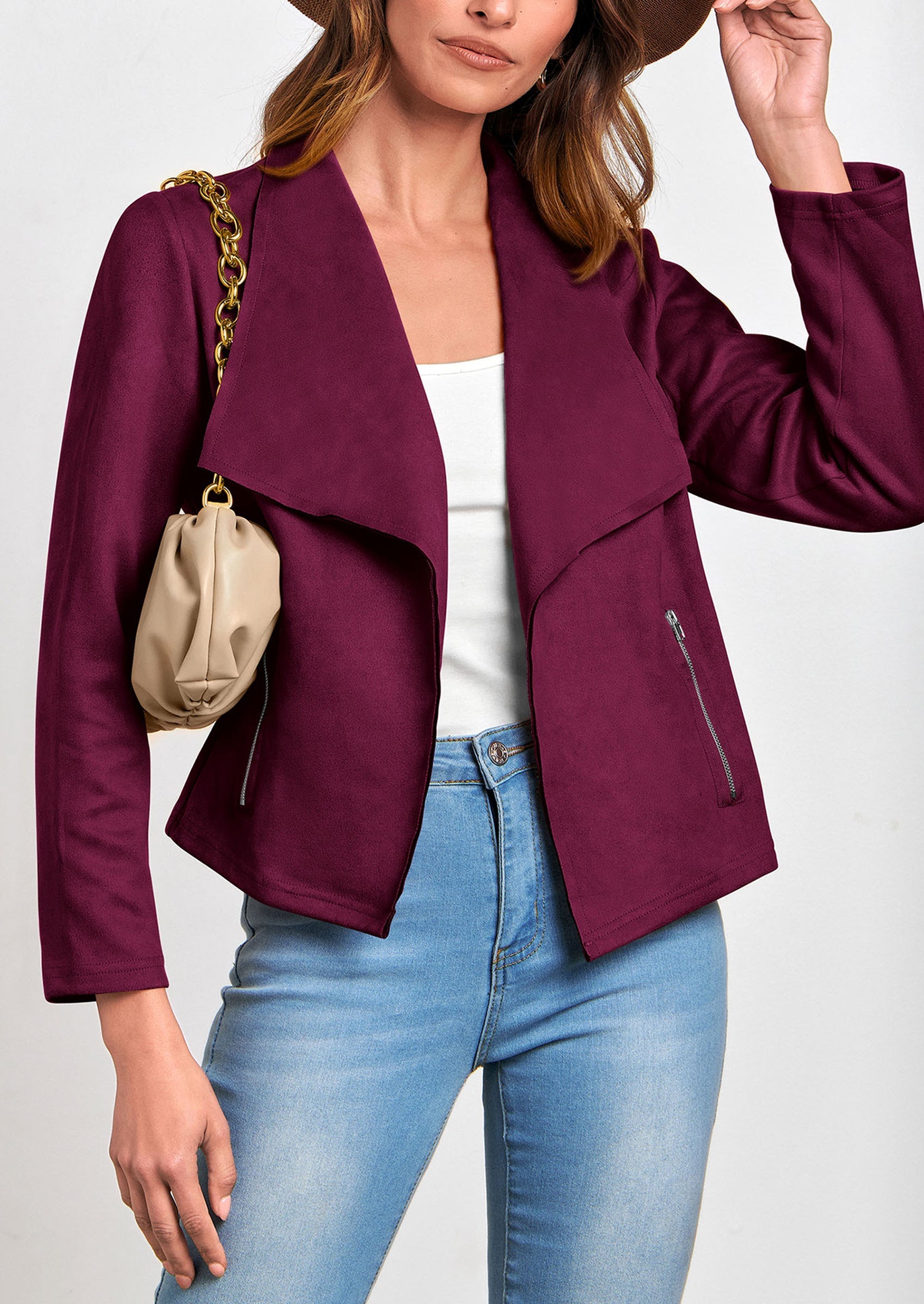 Women's Faux Suede Jackets Fashion Fall Clothes Long Sleeve Open Front Cropped Coat Outwear