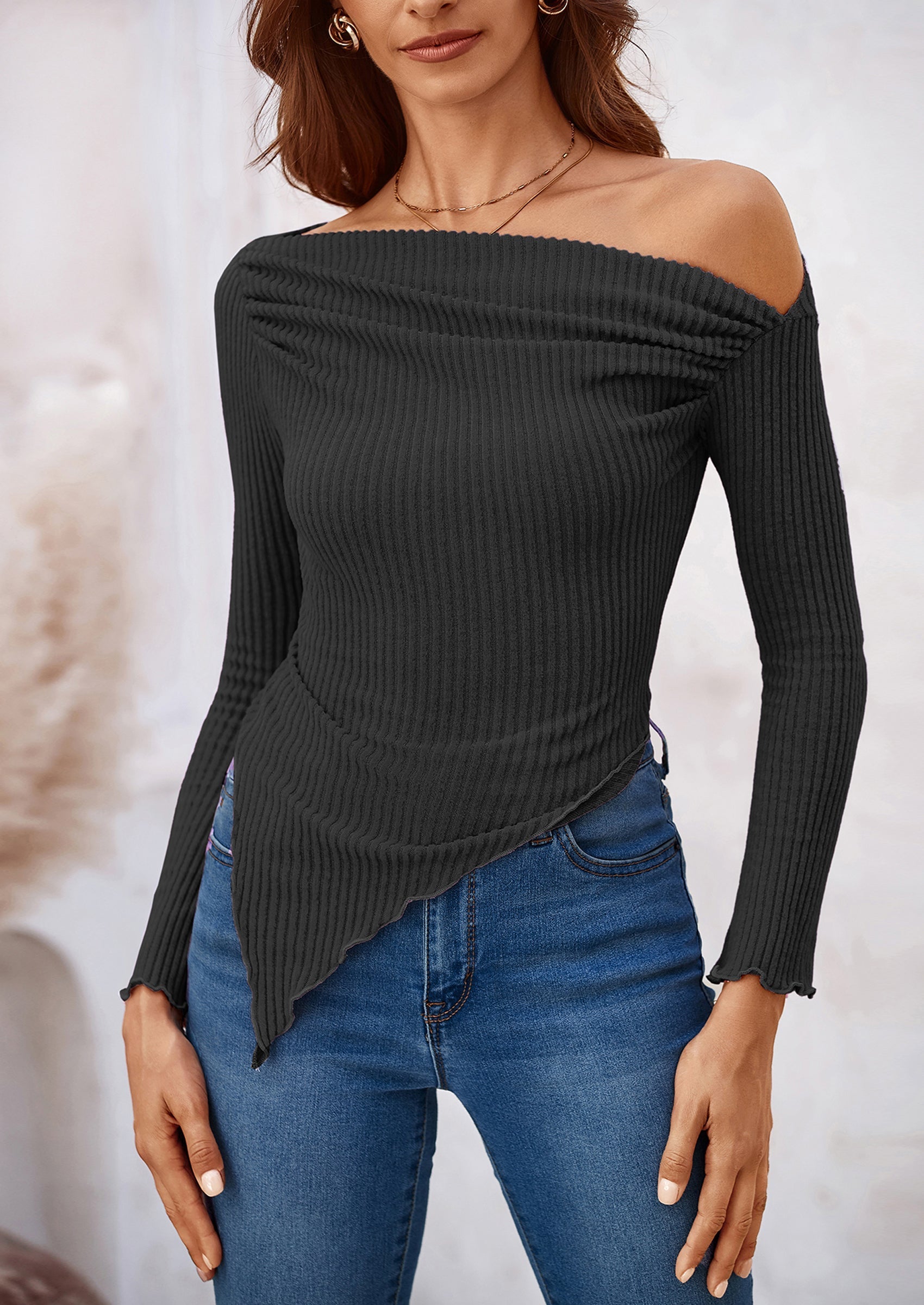Women's Spring Long Sleeve Y2K Crop Top Trendy Off Shoulder Asymmetrical Fitted Knit Tee Shirts Going Out Tops