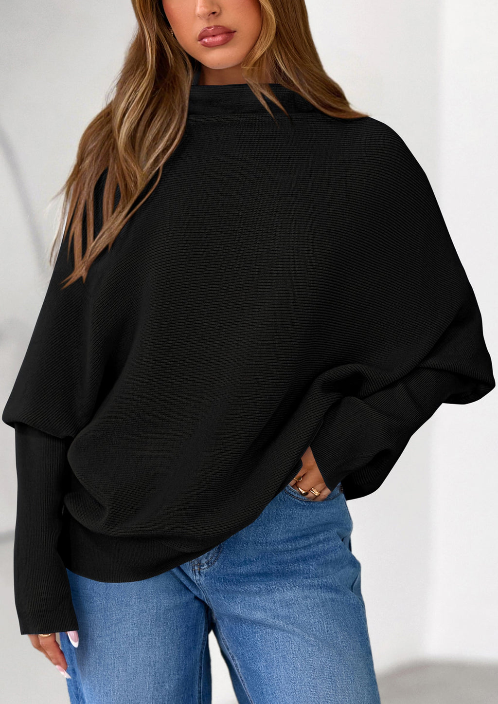 Womens Sweaters Fall Fashion Casual Loose Turtleneck Batwing Long Sleeve Knit Sweater Pullover Tops