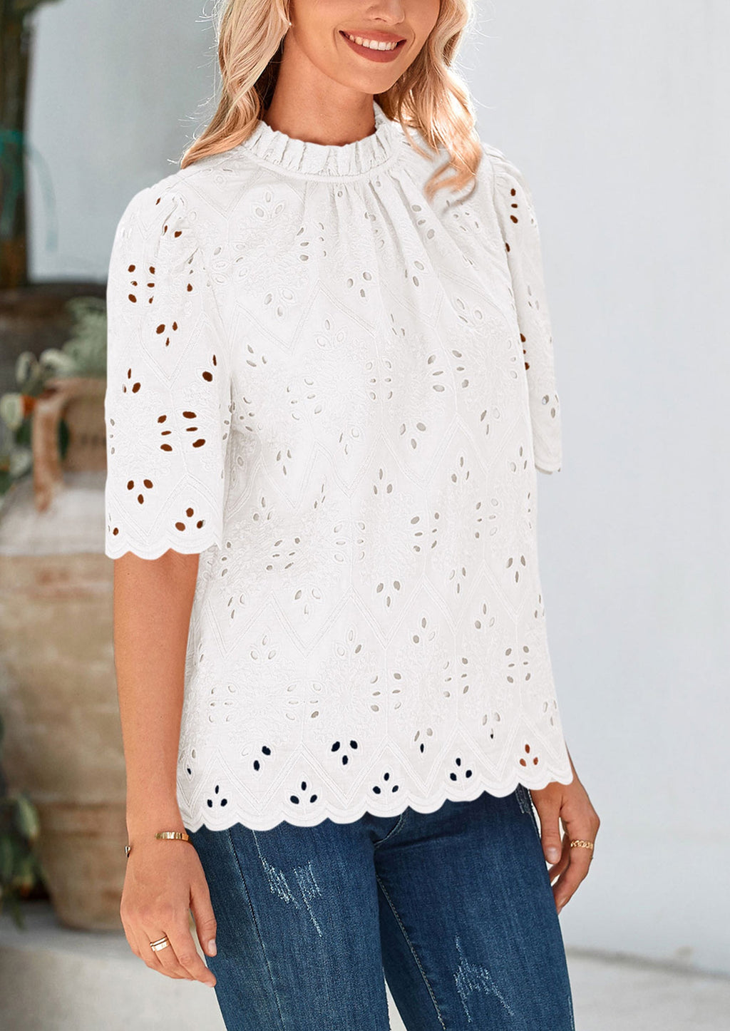 Womens Summer Tops Trendy Short Sleeve Eyelet Embroidered Dressy Casual Blouse Shirts