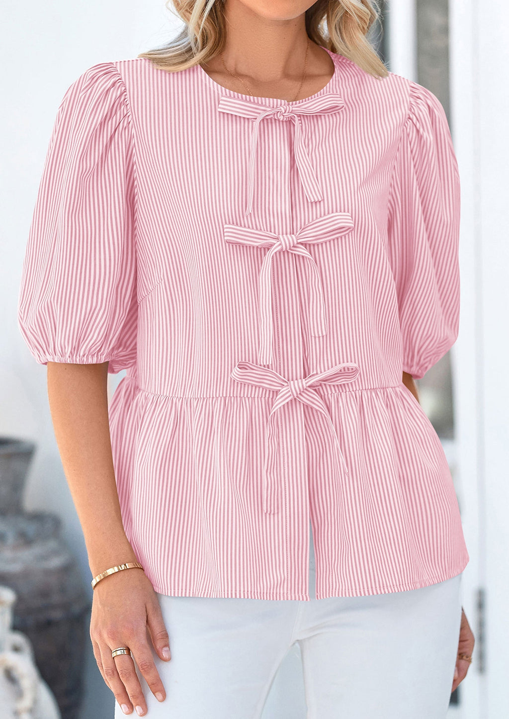 Women's Tie Front Striped Shirt Summer Trendy Fashion Cute Babydoll Tops Peplum Puffy Sleeve Blouse