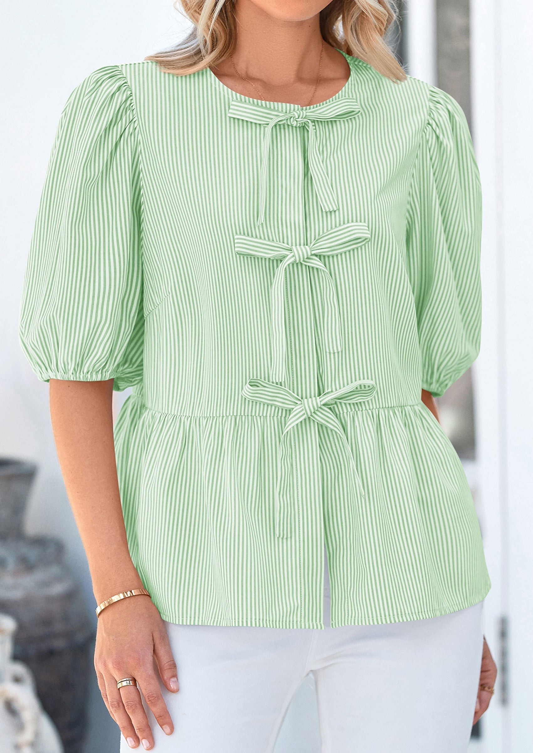 Women's Tie Front Striped Shirt Summer Trendy Fashion Cute Babydoll Tops Peplum Puffy Sleeve Blouse