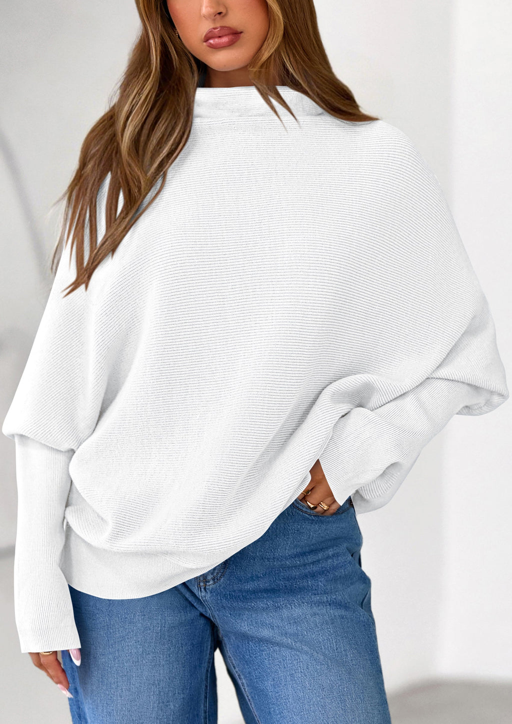 Womens Sweaters Fall Fashion Casual Loose Turtleneck Batwing Long Sleeve Knit Sweater Pullover Tops