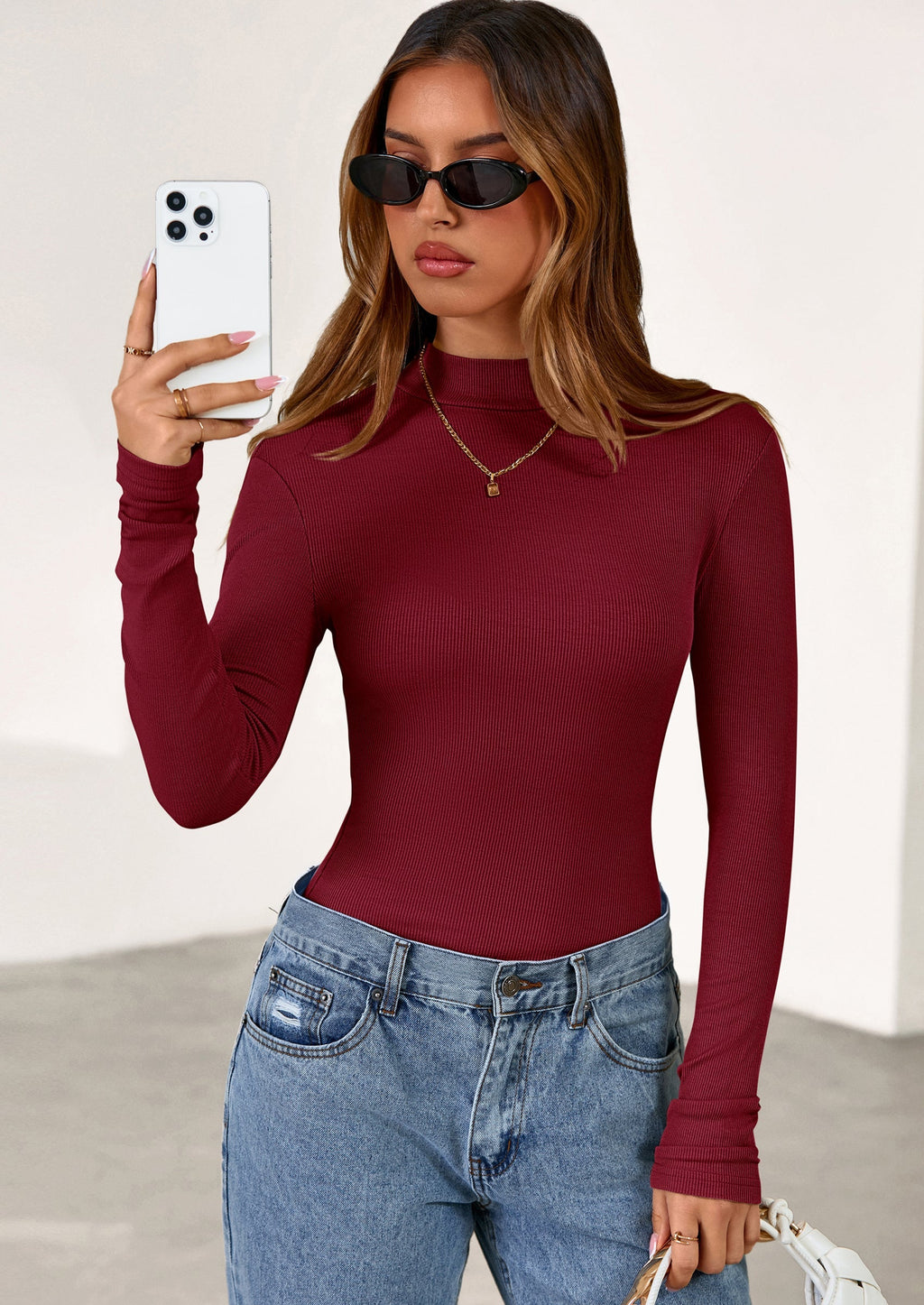 Women's Turtleneck Long Sleeve Shirts Fall Basic Tees Ribbed Fitted Tops Thermal Layering Knit Top Clothes