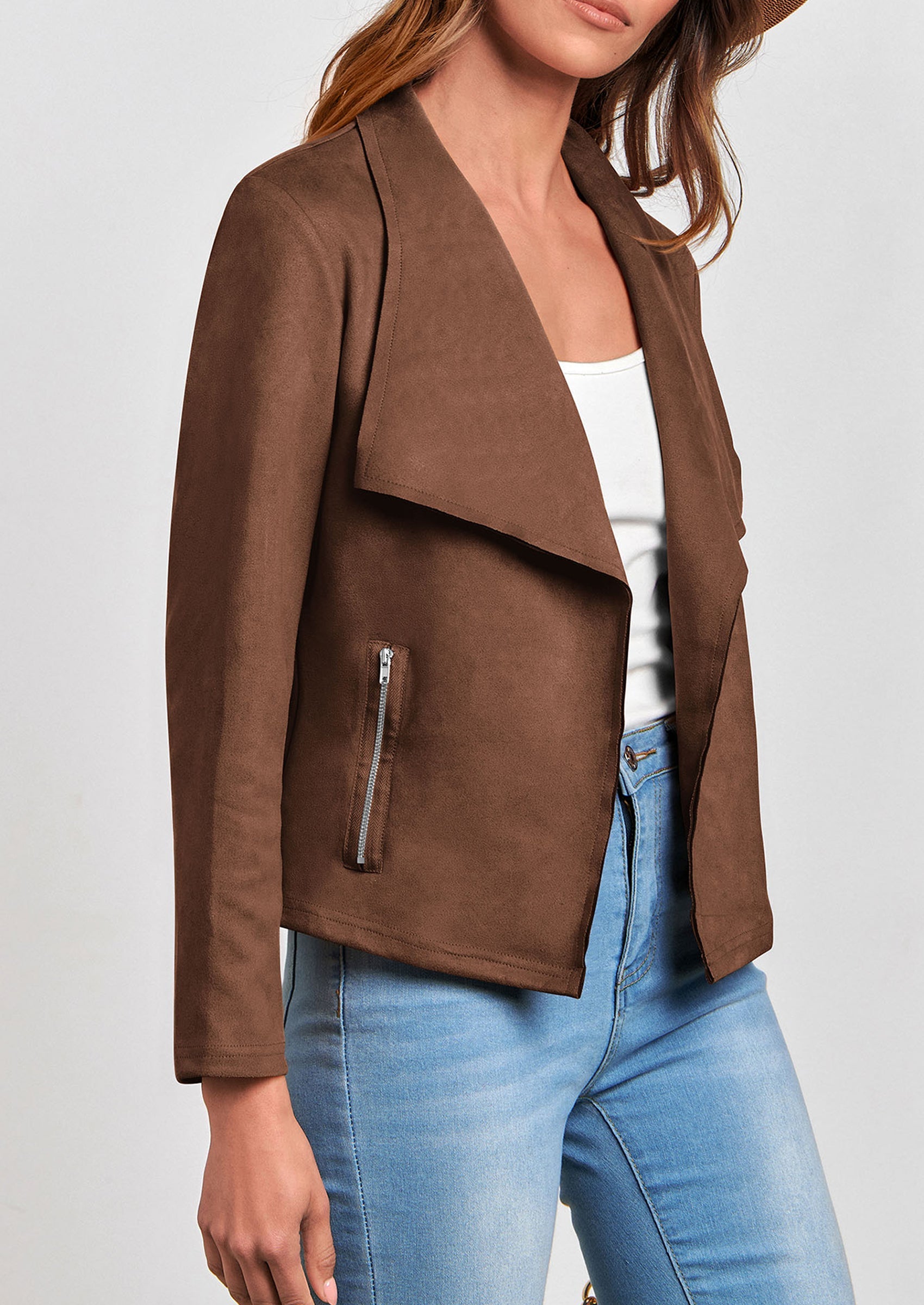 Women's Faux Suede Jackets Fashion Fall Clothes Long Sleeve Open Front Cropped Coat Outwear