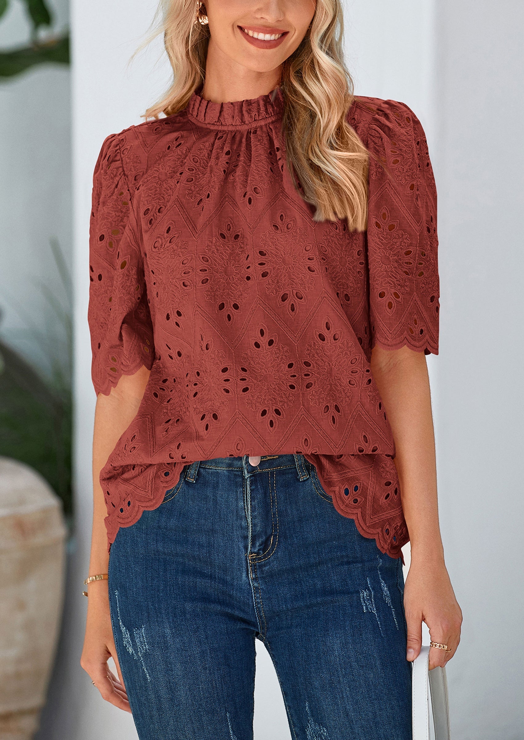 Womens Summer Tops Trendy Short Sleeve Eyelet Embroidered Dressy Casual Blouse Shirts