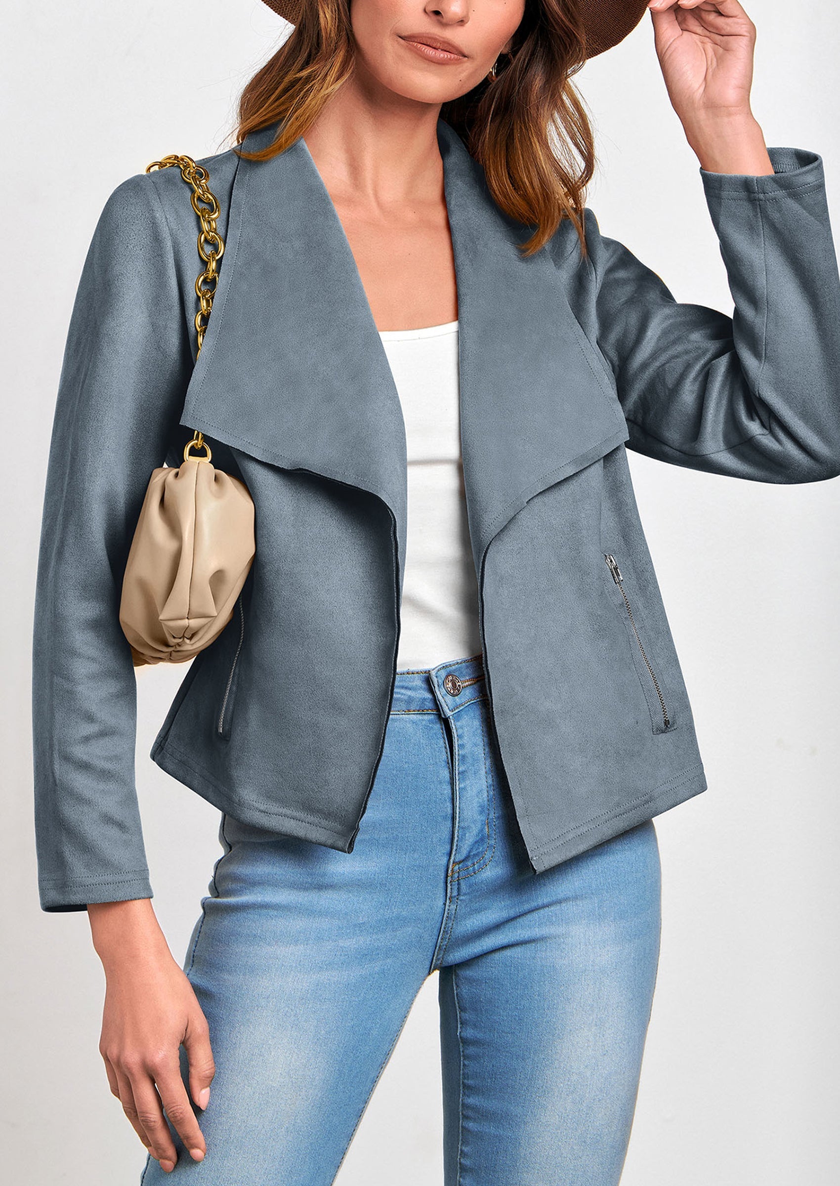 Women's Faux Suede Jackets Fashion Fall Clothes Long Sleeve Open Front Cropped Coat Outwear