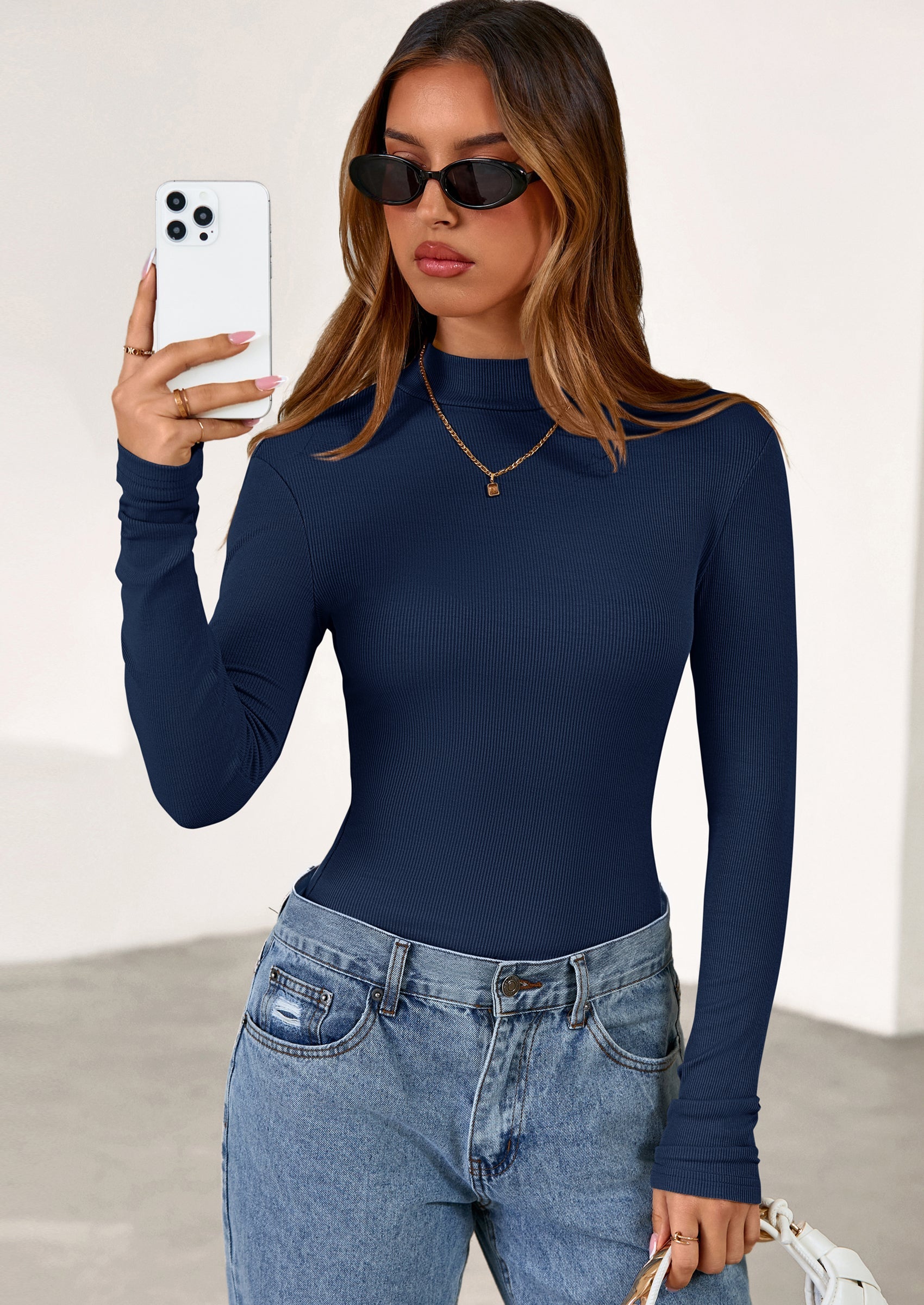 Women's Turtleneck Long Sleeve Shirts Fall Basic Tees Ribbed Fitted Tops Thermal Layering Knit Top Clothes