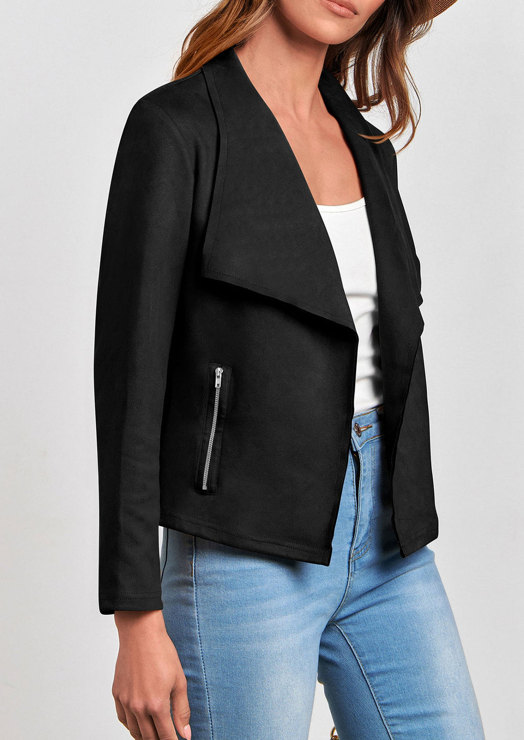 Women's Faux Suede Jackets Fashion Fall Clothes Long Sleeve Open Front Cropped Coat Outwear