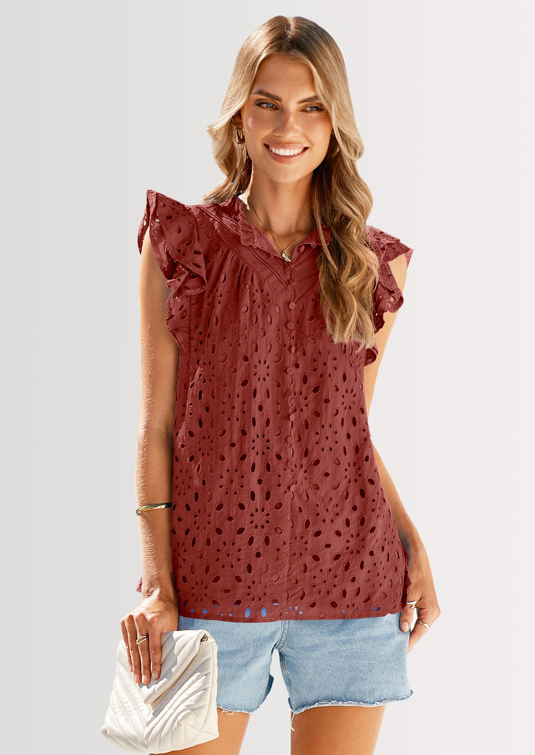 Womens Summer Tops 2025 Dressy Casual Ruffle Cap Sleeve Button V Neck Embroidered Eyelet Blouses Shirts