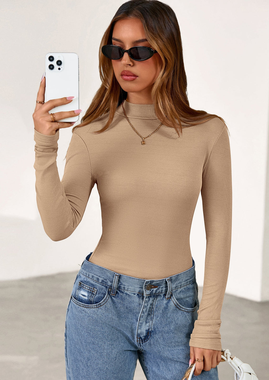 Women's Turtleneck Long Sleeve Shirts Fall Basic Tees Ribbed Fitted Tops Thermal Layering Knit Top Clothes
