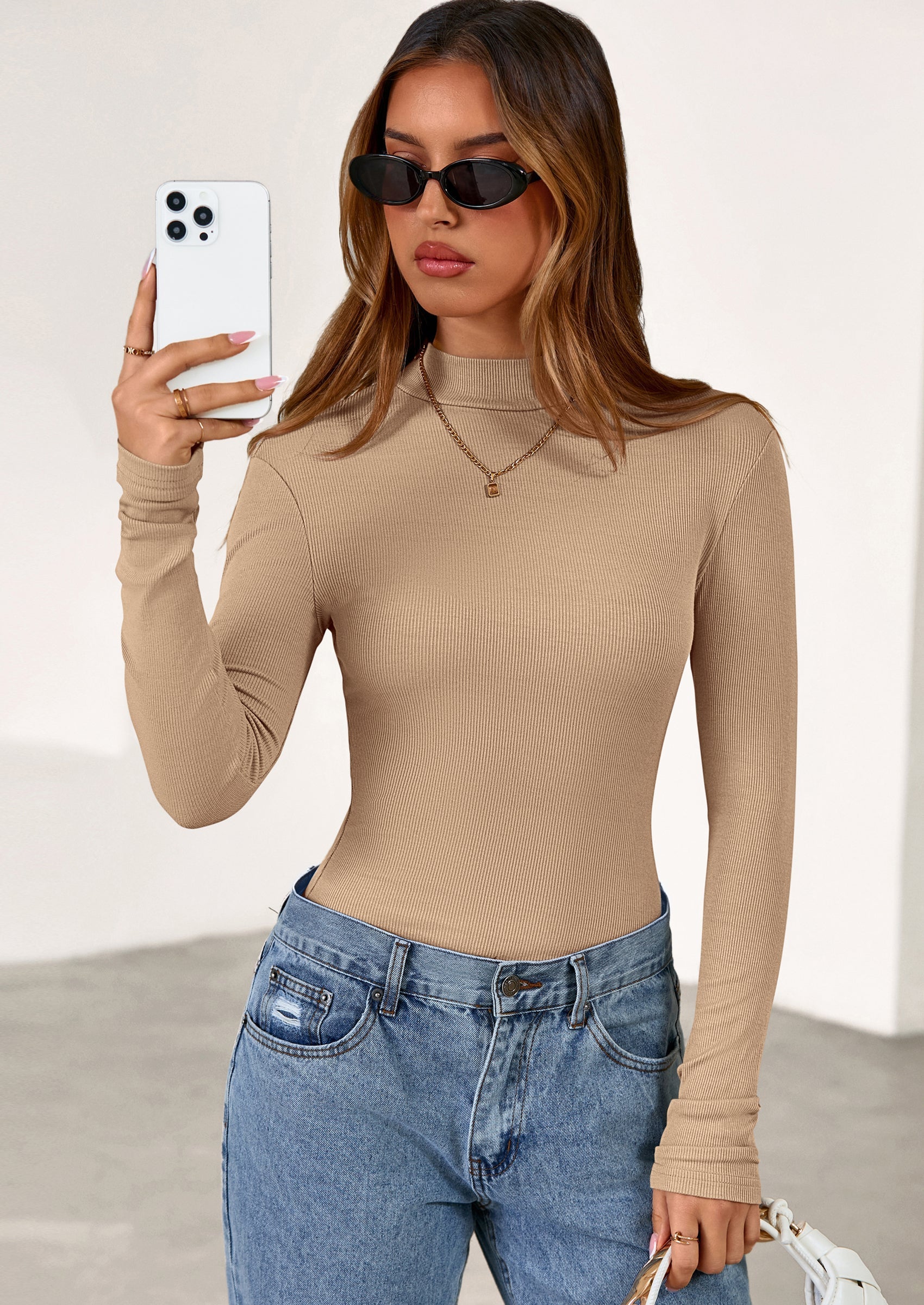 Women's Turtleneck Long Sleeve Shirts Fall Basic Tees Ribbed Fitted Tops Thermal Layering Knit Top Clothes