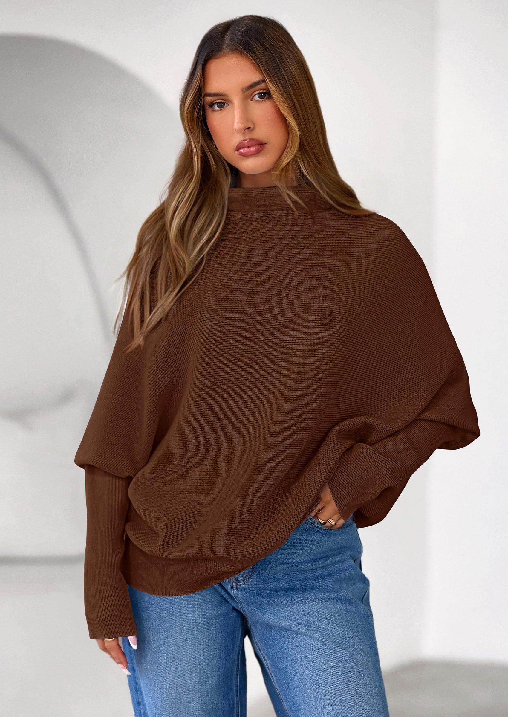 Womens Sweaters Fall Fashion Casual Loose Turtleneck Batwing Long Sleeve Knit Sweater Pullover Tops