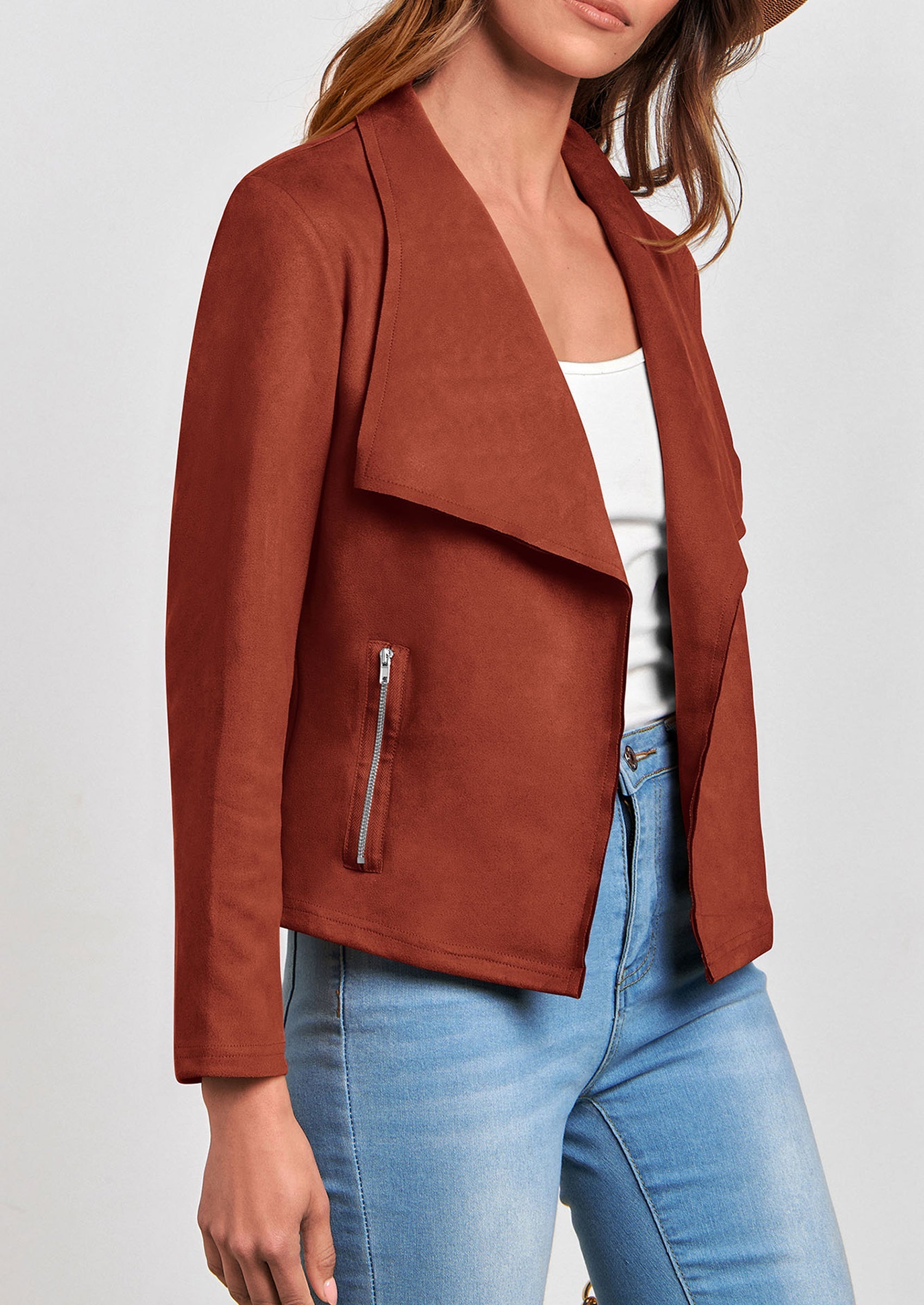 Women's Faux Suede Jackets Fashion Fall Clothes Long Sleeve Open Front Cropped Coat Outwear