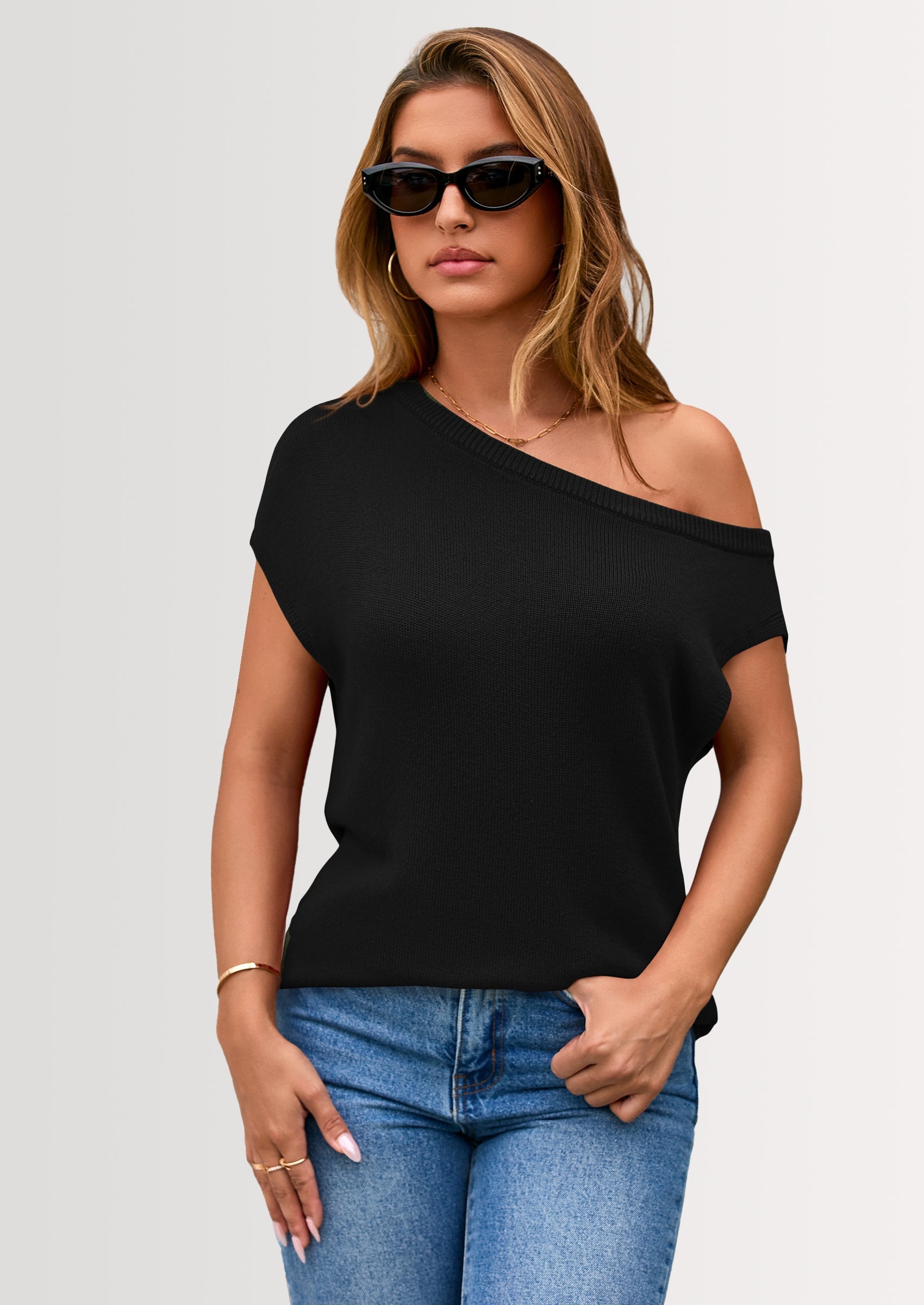 Womens Off The Shoulder Tops Summer Casual Short Sleeve Tunic T Shirts Lightweight Knit Sweaters