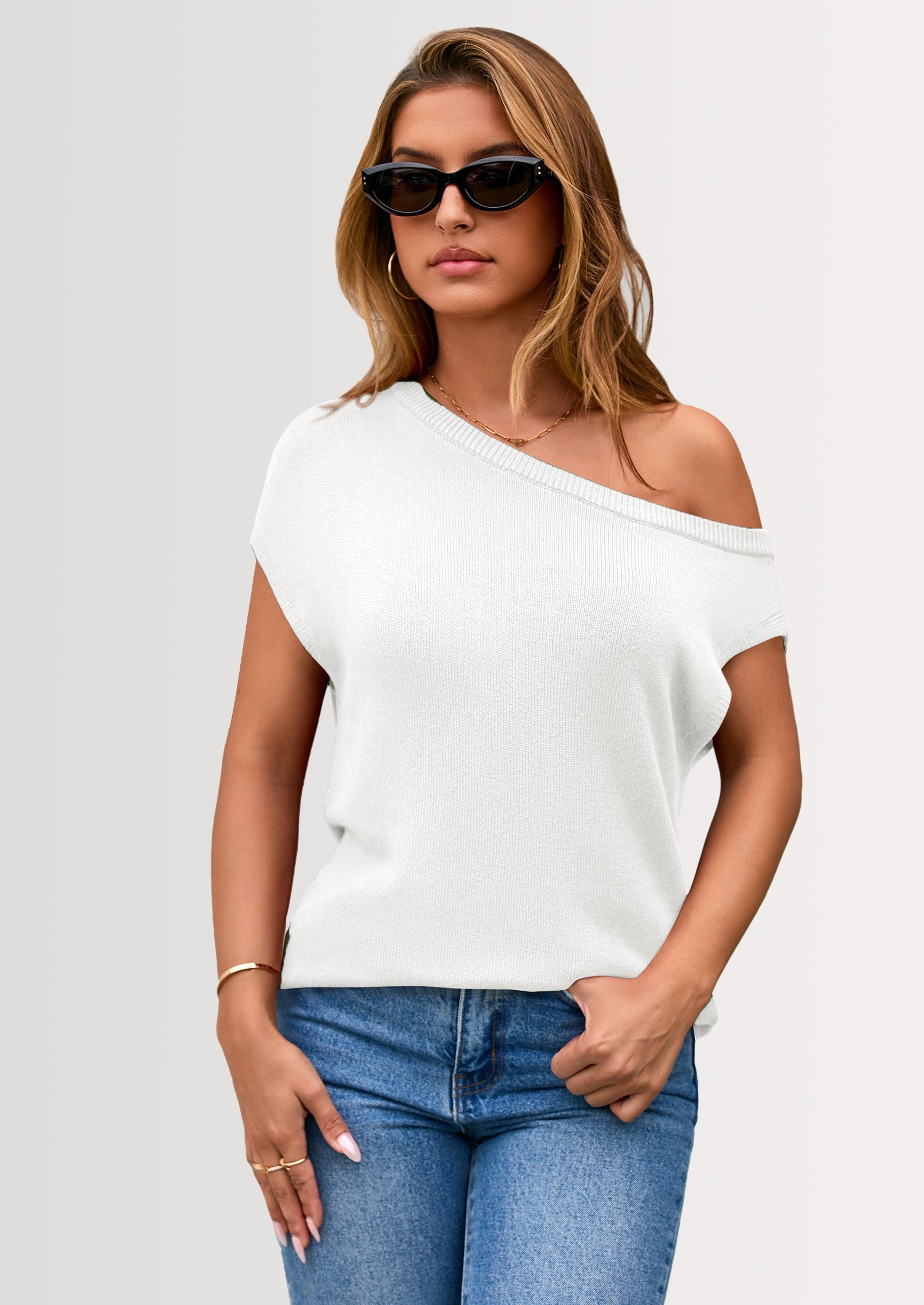 Womens Off The Shoulder Tops Summer Casual Short Sleeve Tunic T Shirts Lightweight Knit Sweaters