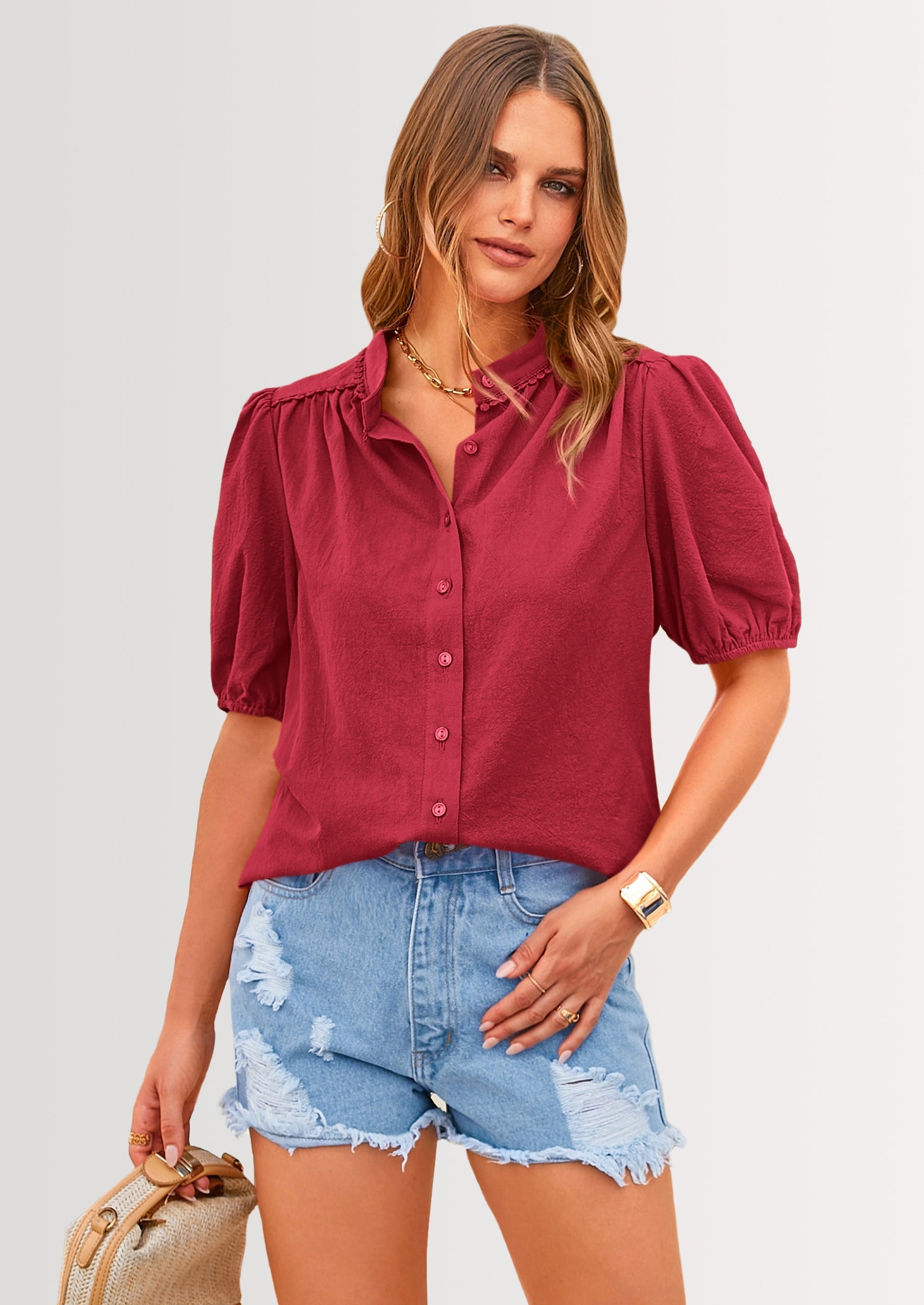 Women's Summer Tops Button Down Shirts Short Lantern Sleeve V Neck Cotton Cute Dressy Casual Blouses