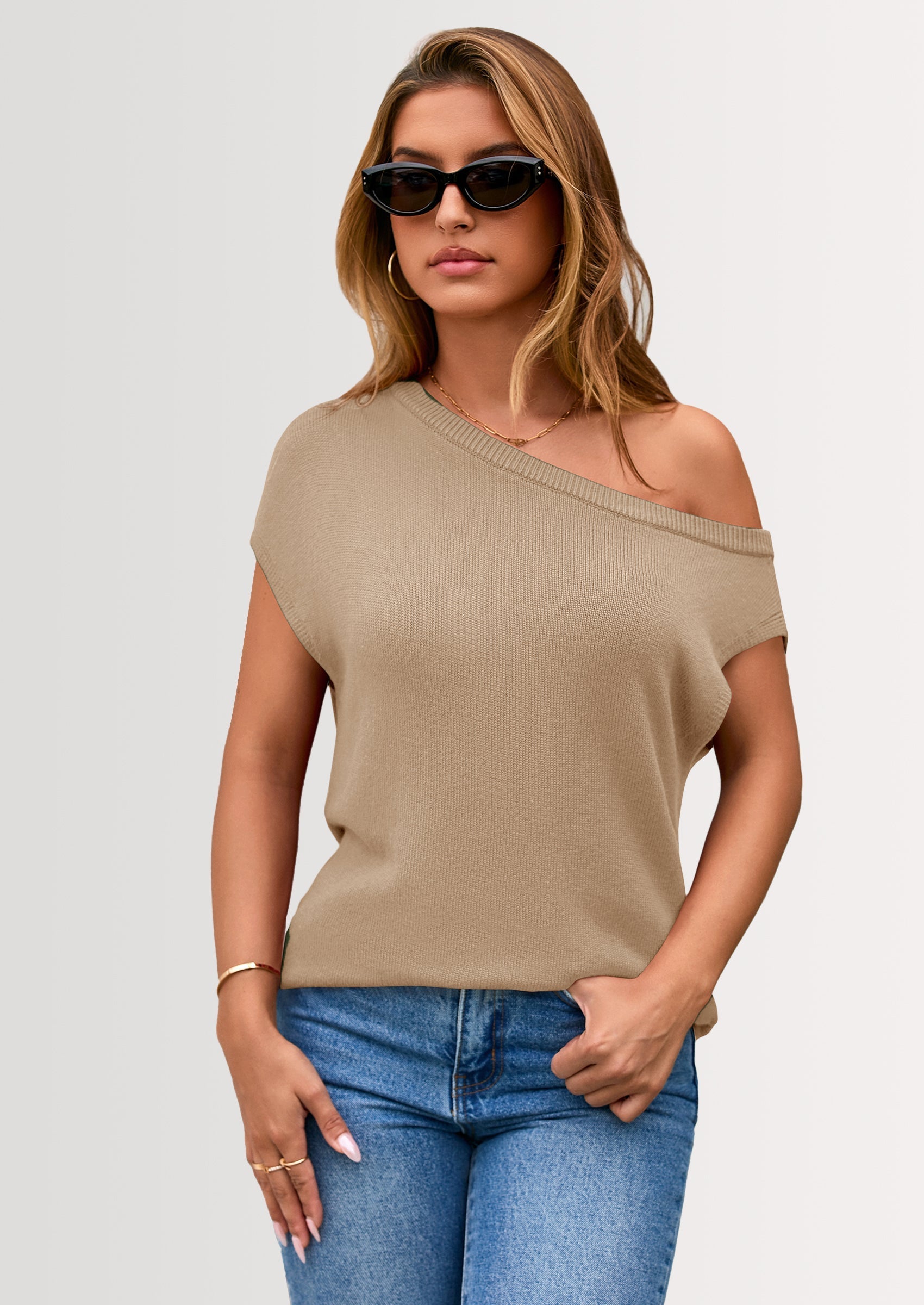 Womens Off The Shoulder Tops Summer Casual Short Sleeve Tunic T Shirts Lightweight Knit Sweaters
