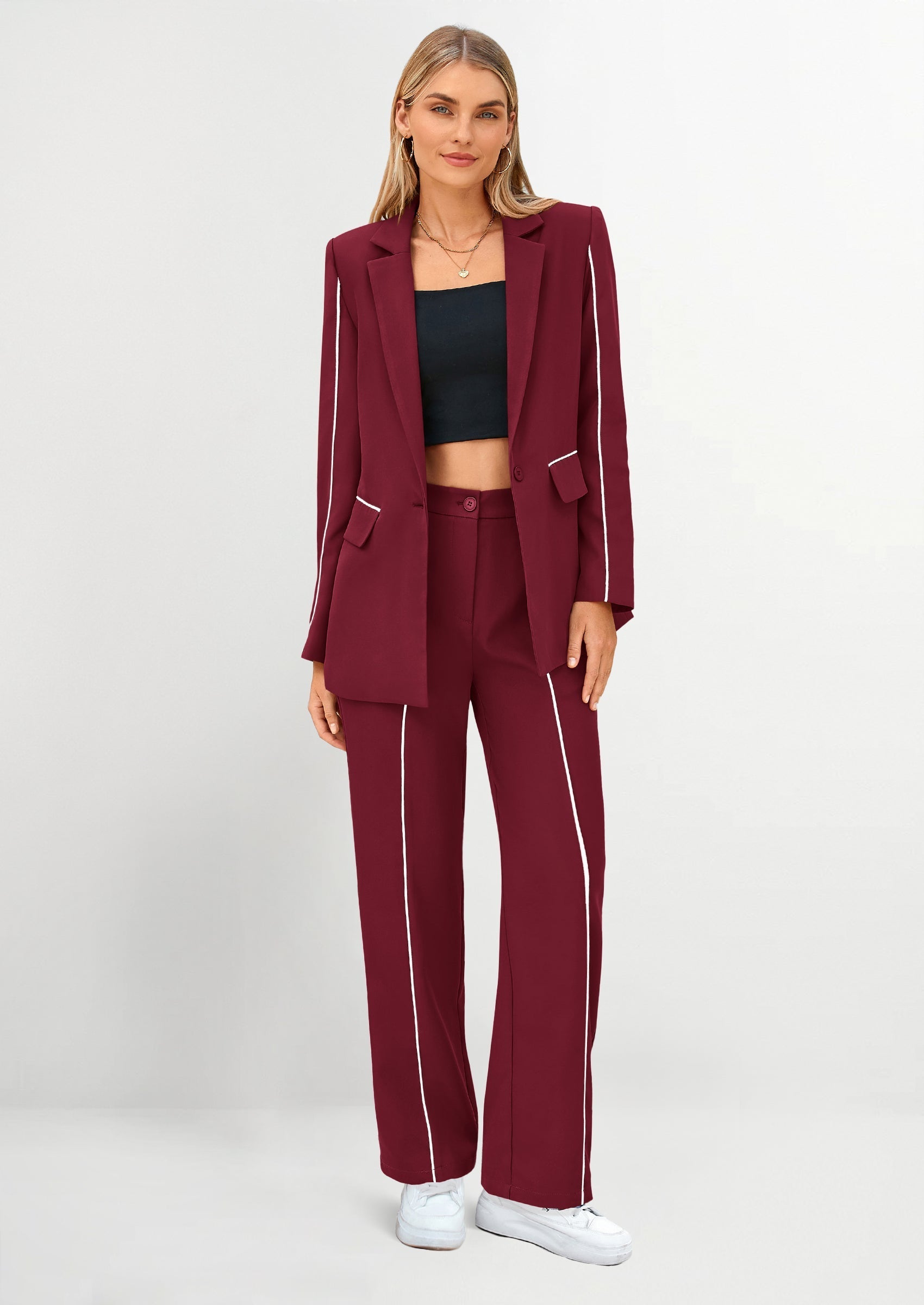 2 Piece Blazer Outfits Business Casual Oversized Jacket Wide Leg Work Pants Dressy Suit Set