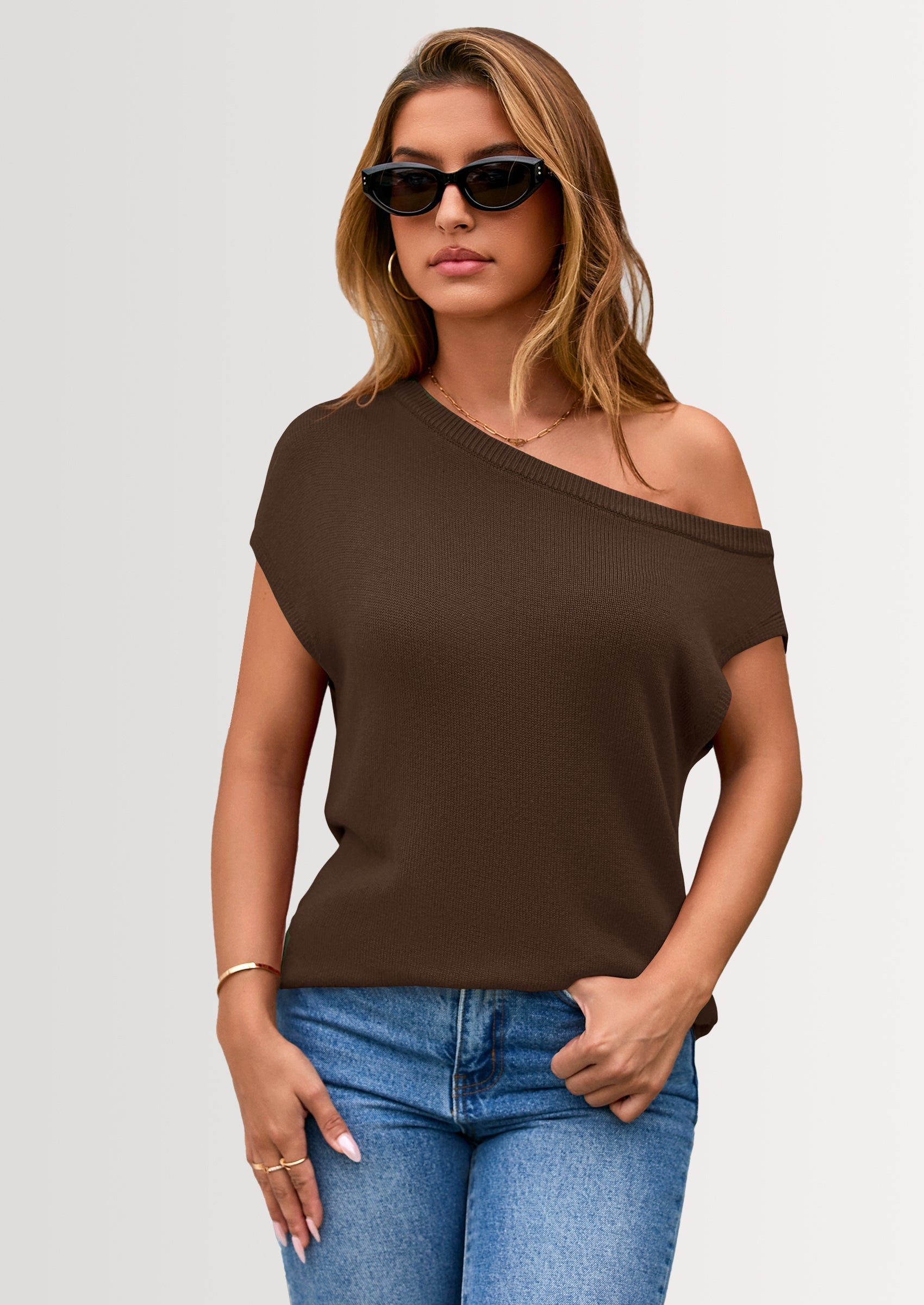 Womens Off The Shoulder Tops Summer Casual Short Sleeve Tunic T Shirts Lightweight Knit Sweaters