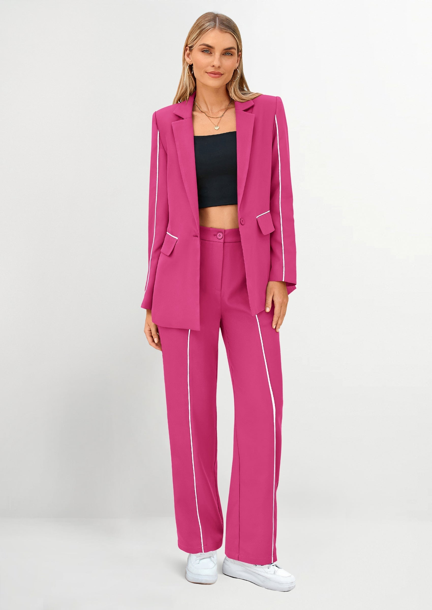 2 Piece Blazer Outfits Business Casual Oversized Jacket Wide Leg Work Pants Dressy Suit Set