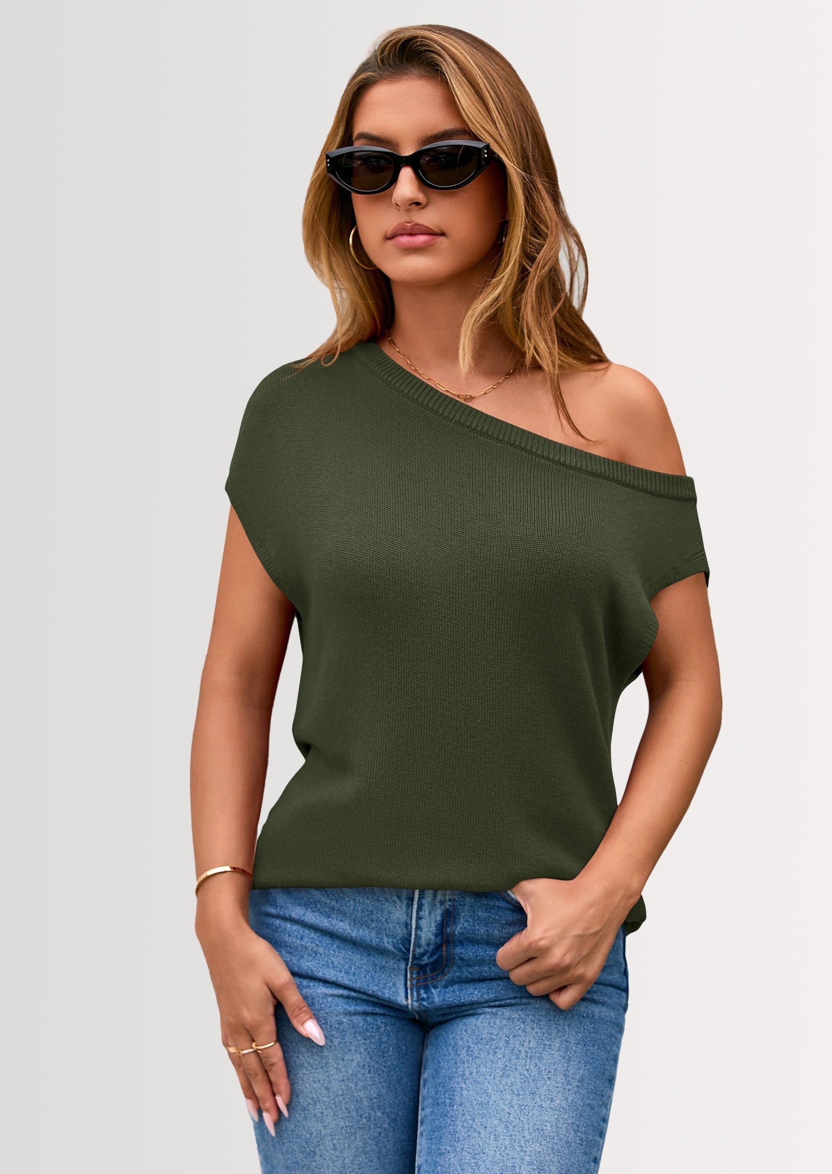 Womens Off The Shoulder Tops Summer Casual Short Sleeve Tunic T Shirts Lightweight Knit Sweaters